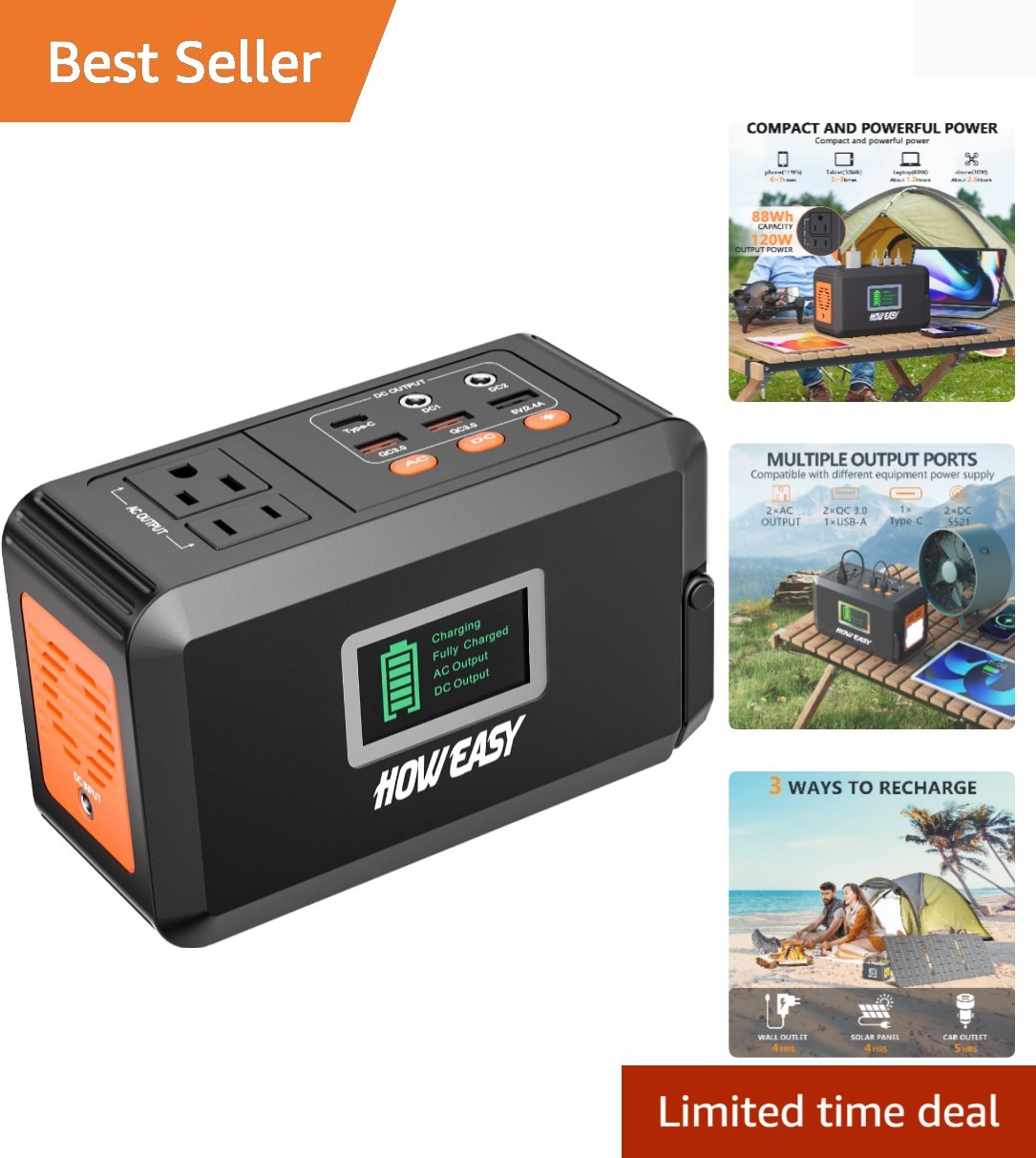 Compact 120W Portable Power Bank with 8 Ports & LED Light for Outdoor Adventures