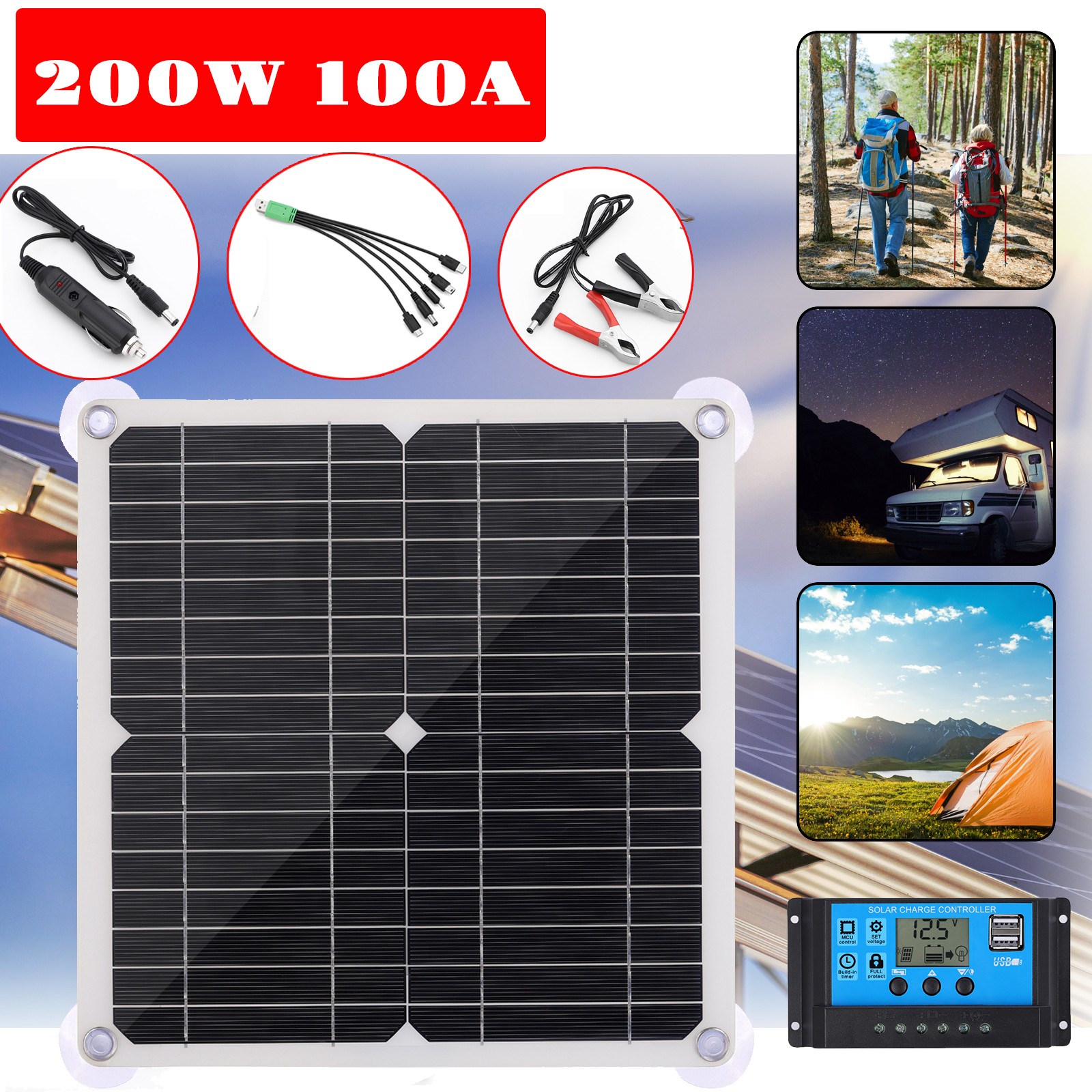 200 Watts Solar Panel Kit 100A 12V Battery Charger with Controller Caravan Boat