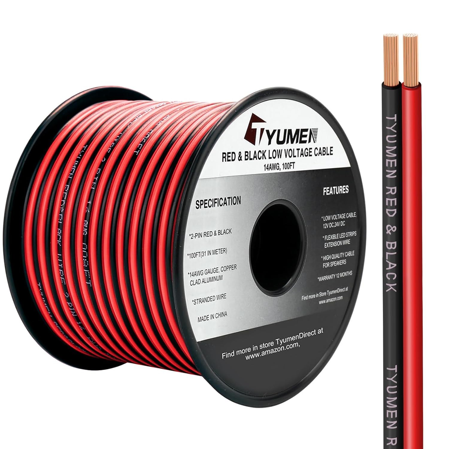 100FT 14/2 Gauge Red Black Electrical Wire for LED Strips 12V 24V DC Extension
