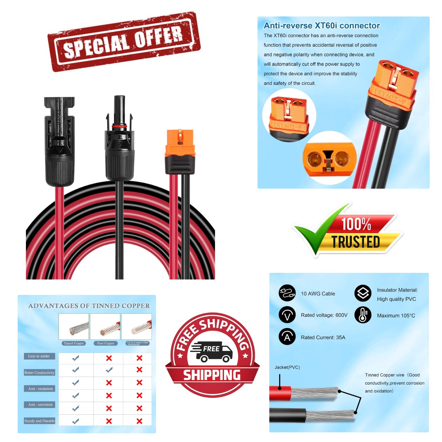 10FT Weatherproof Solar to XT60i Cable – 10AWG for High-Efficiency Performance