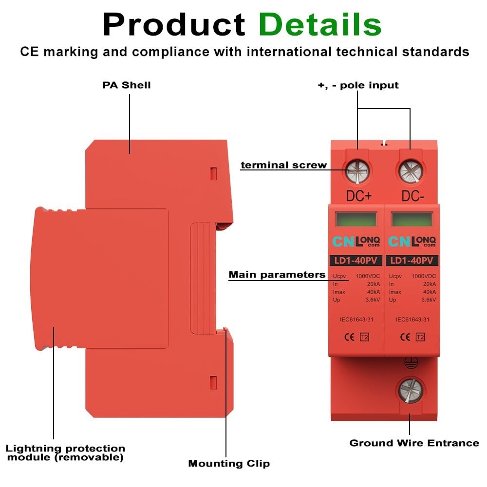 Solar PV DC 1000V 40KA Surge Protector Lightning Arrester 2Pc DIN Rail