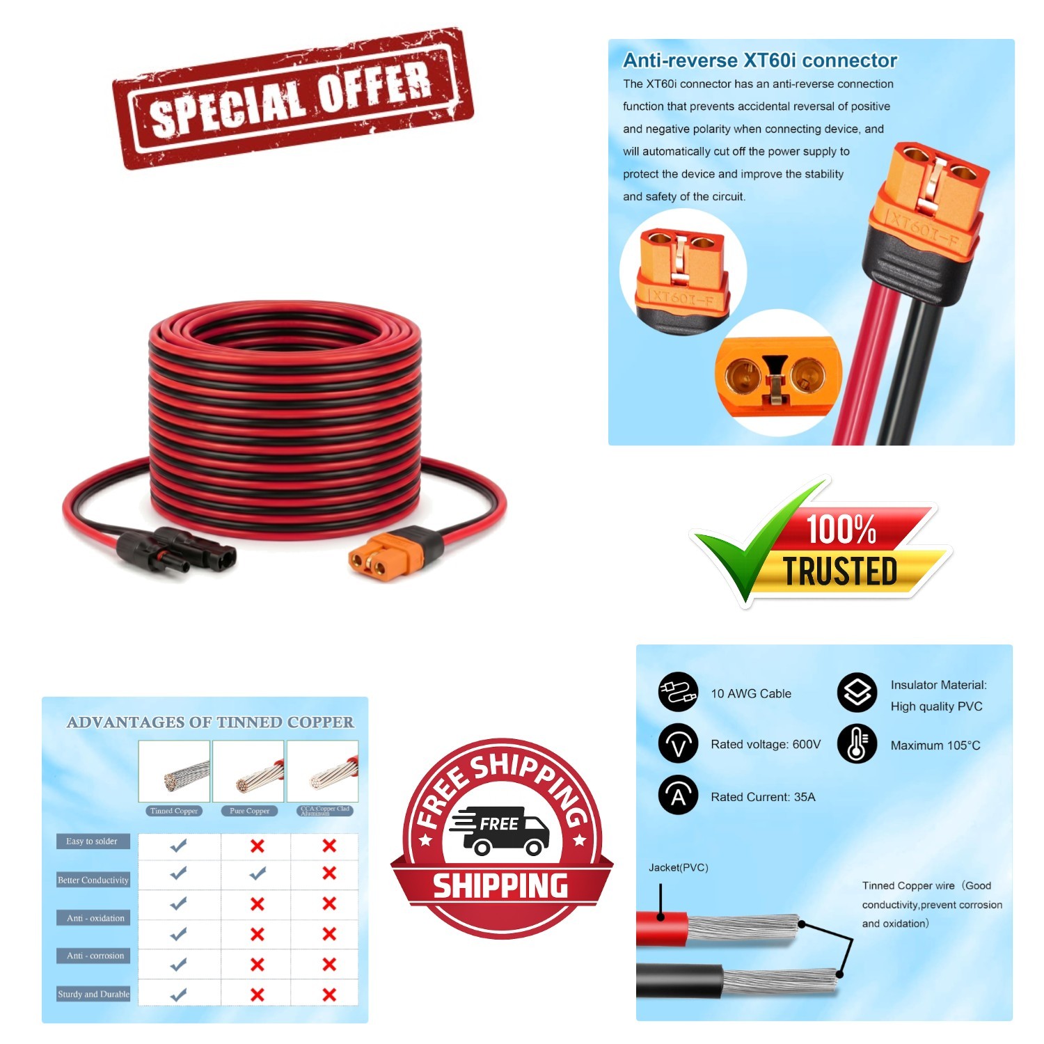 25FT XT60i Solar Cable – High-Quality 10AWG Tinned Copper, Waterproof Design