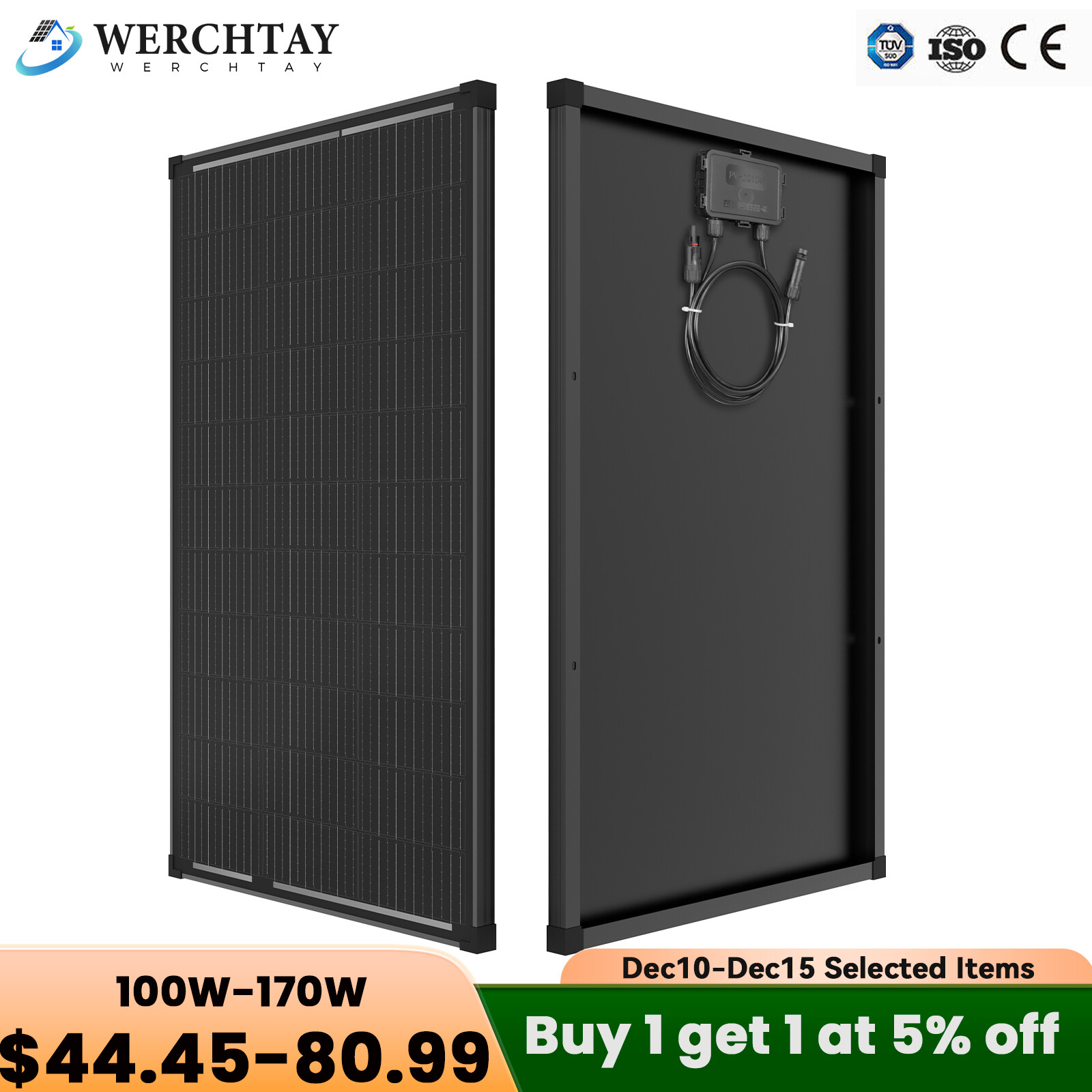 100W 170W 200W 300W Watt Monocrystalline Solar Panel 12V RV Boat Home Off Grid