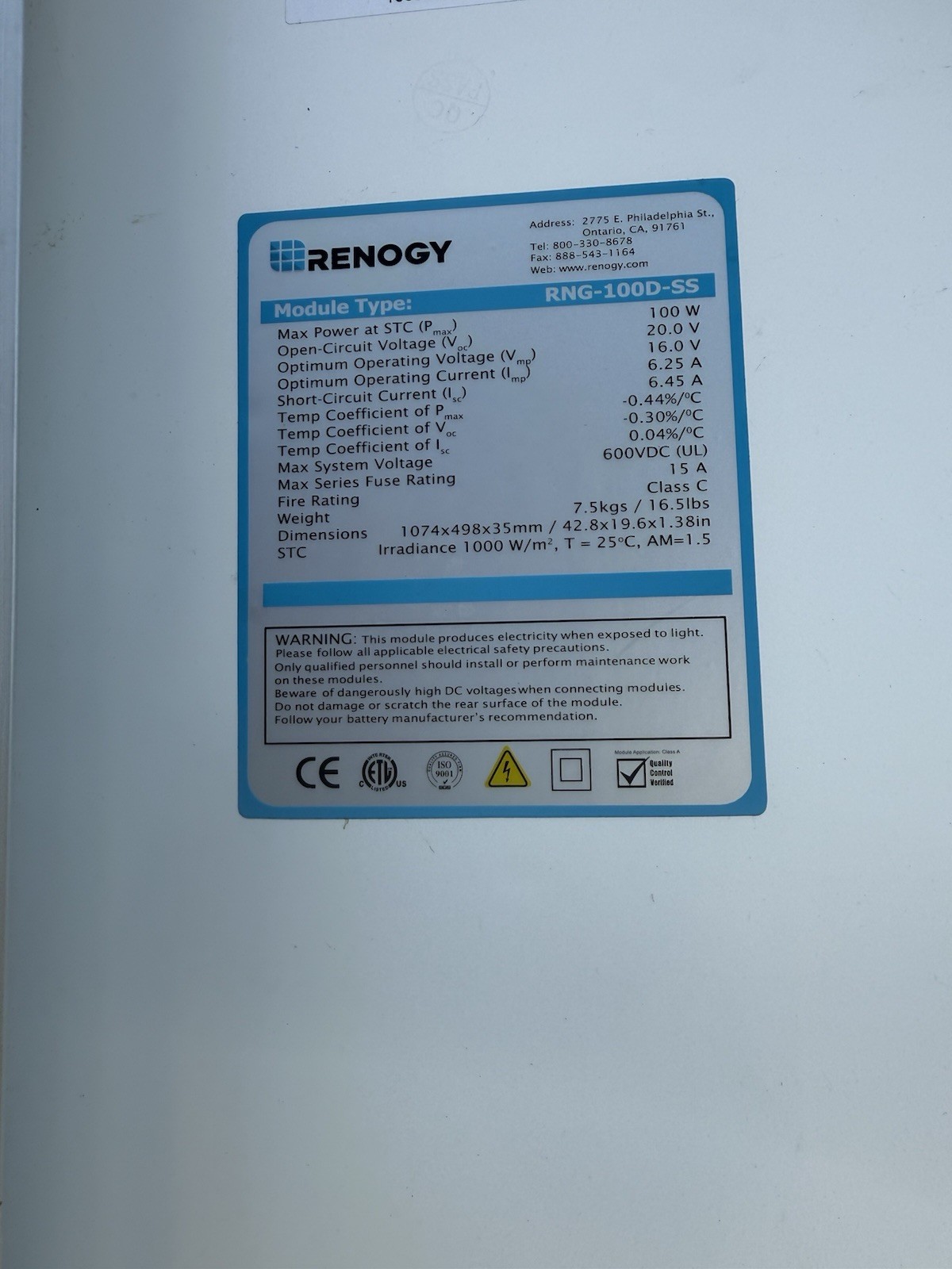 6 EA Renogy Solar Panels 100 Watt 12 Volt, High-Efficiency Monocrystalline