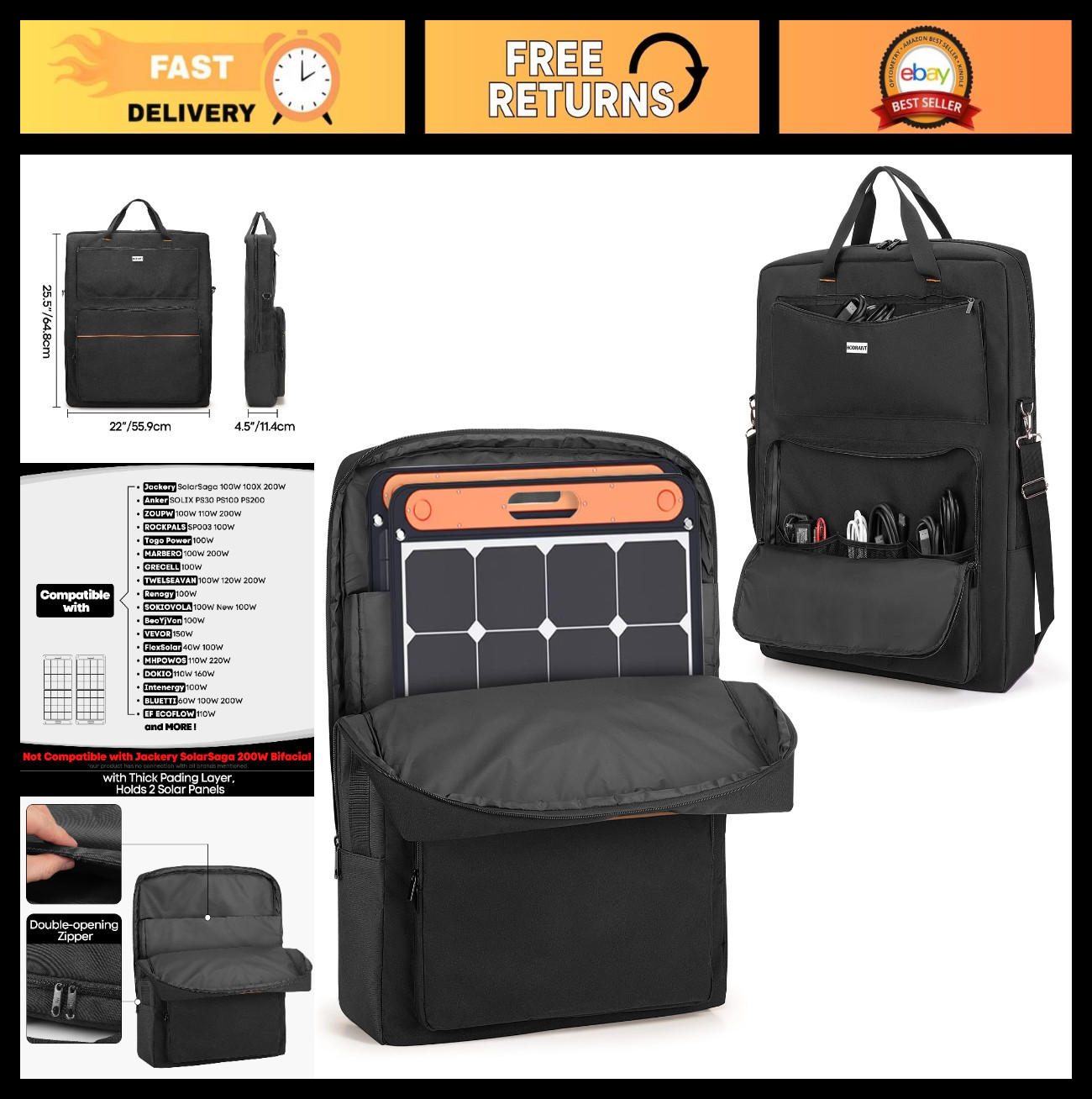 Solar Panel Storage Bag for 100W Panels, Padded Travel Case, Double-Layer Carrie