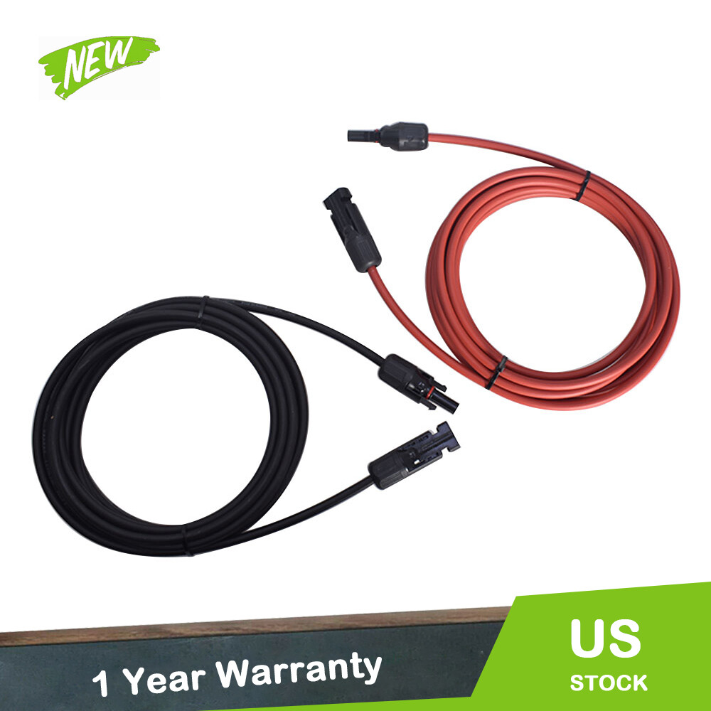 Black + Red Solar Panel Extension Cable Wire Connector 12AWG 10ft Pair New