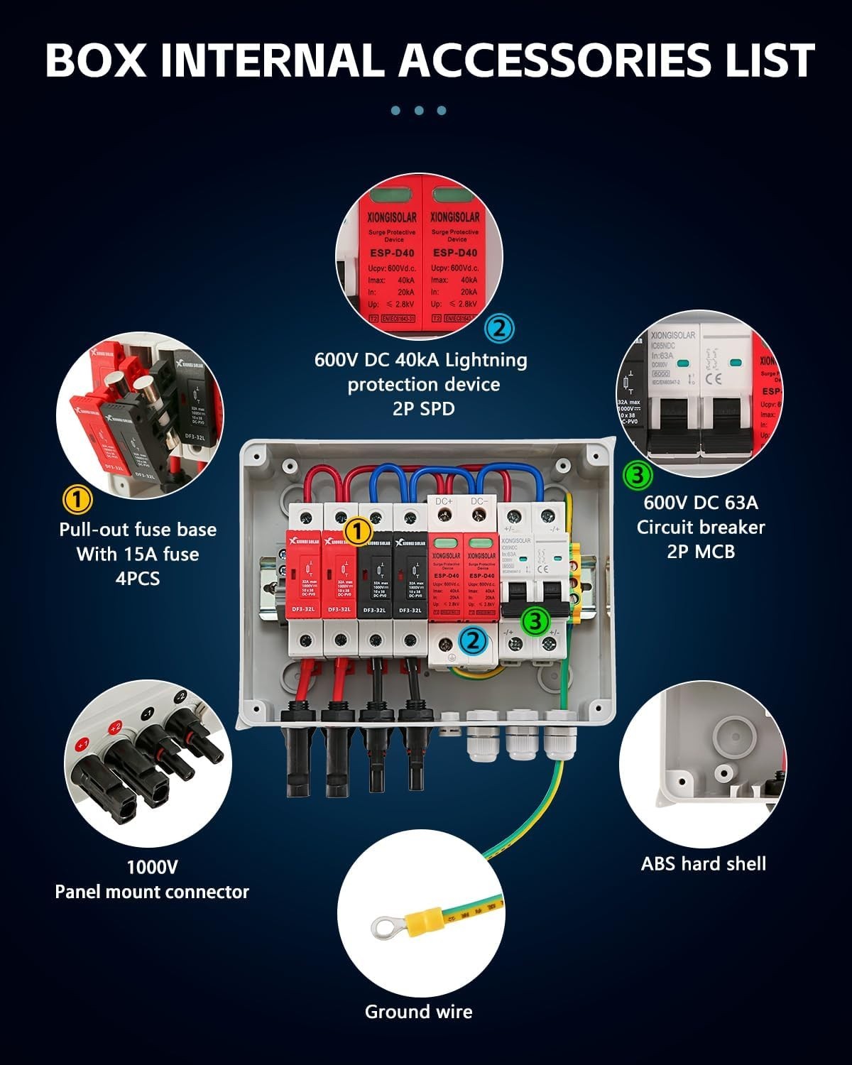 600V Solar DC PV Combiner Box,2 String with Lightning Arrester Connector for On/