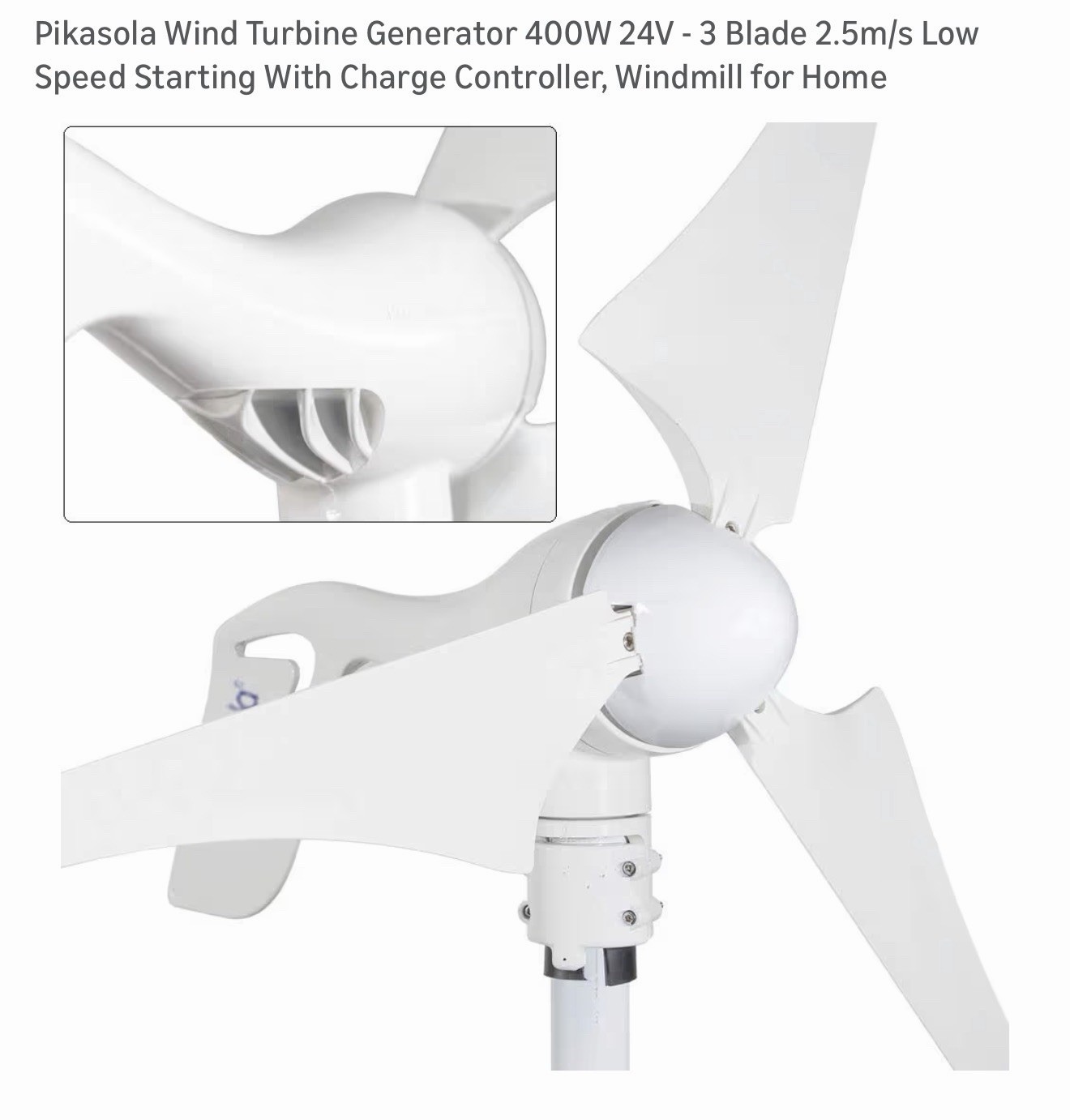 Pikasola Wind Turbine Power Generator 400W 24V – 3 Blade With Charge Controller