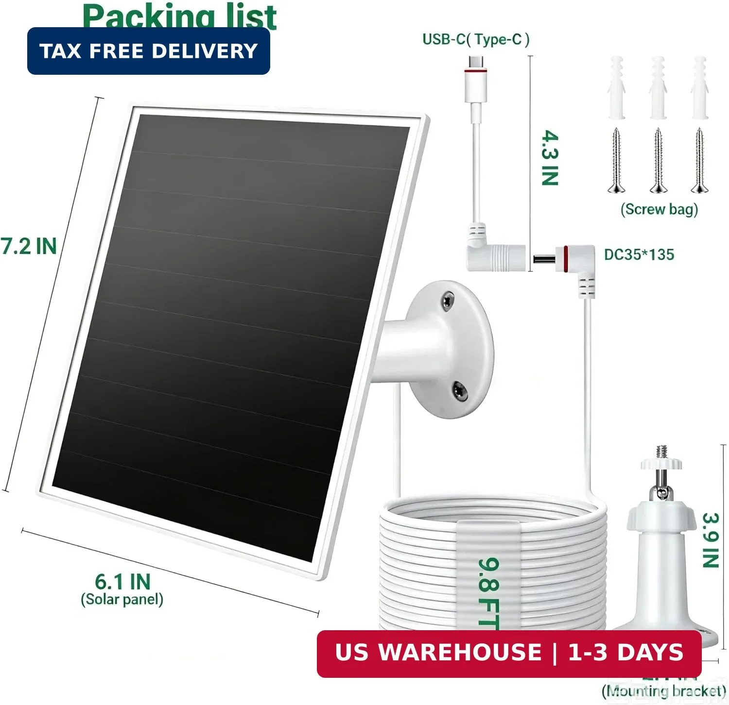 Solar Panel for Ring Camera, 6W Solar Charger with USB-C & Barrel Plug for Ring