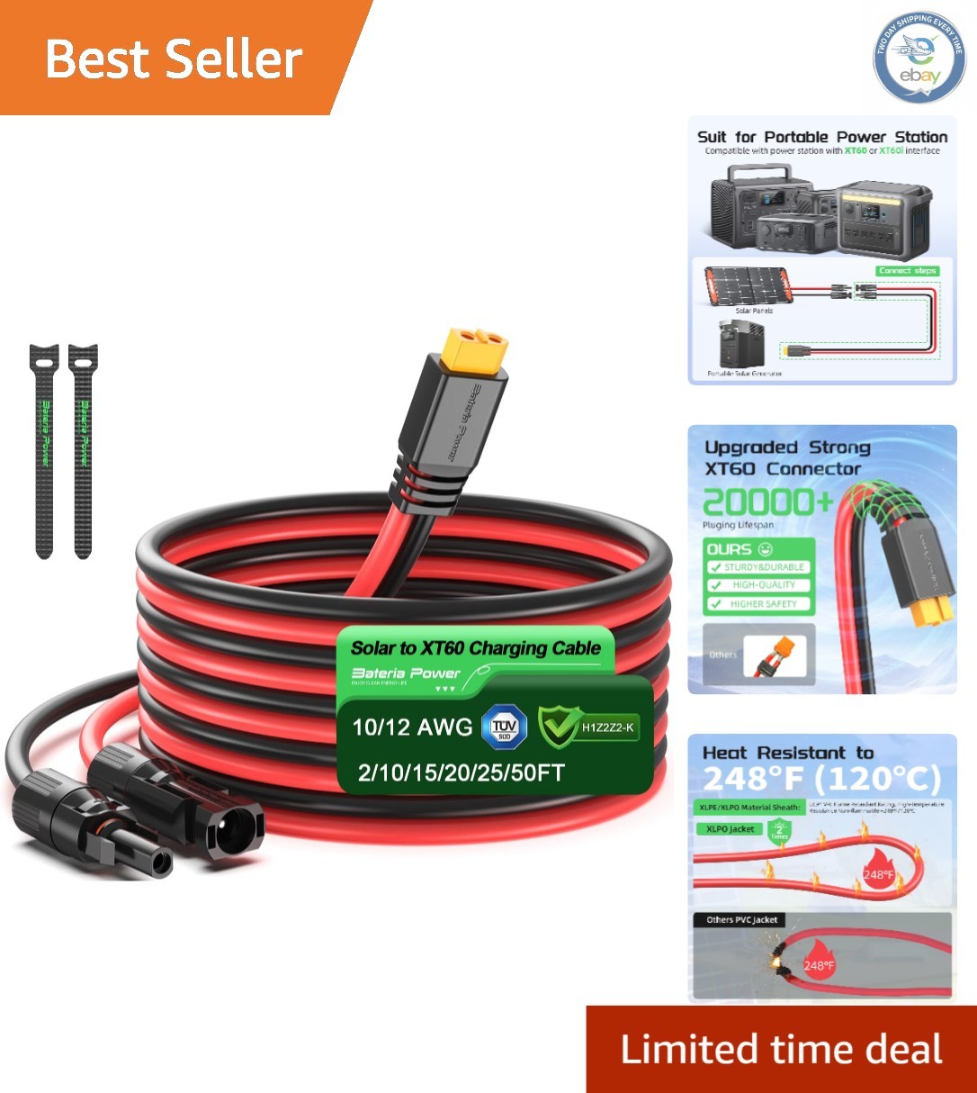 10FT 12AWG Solar to XT60 Extension Cable – High-Efficiency Charging Adapter