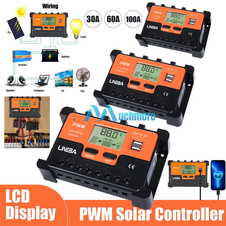 PWM 30A 60A 100A Solar Charge Controller 12V 24V 36V 48V DC Battery Regulator