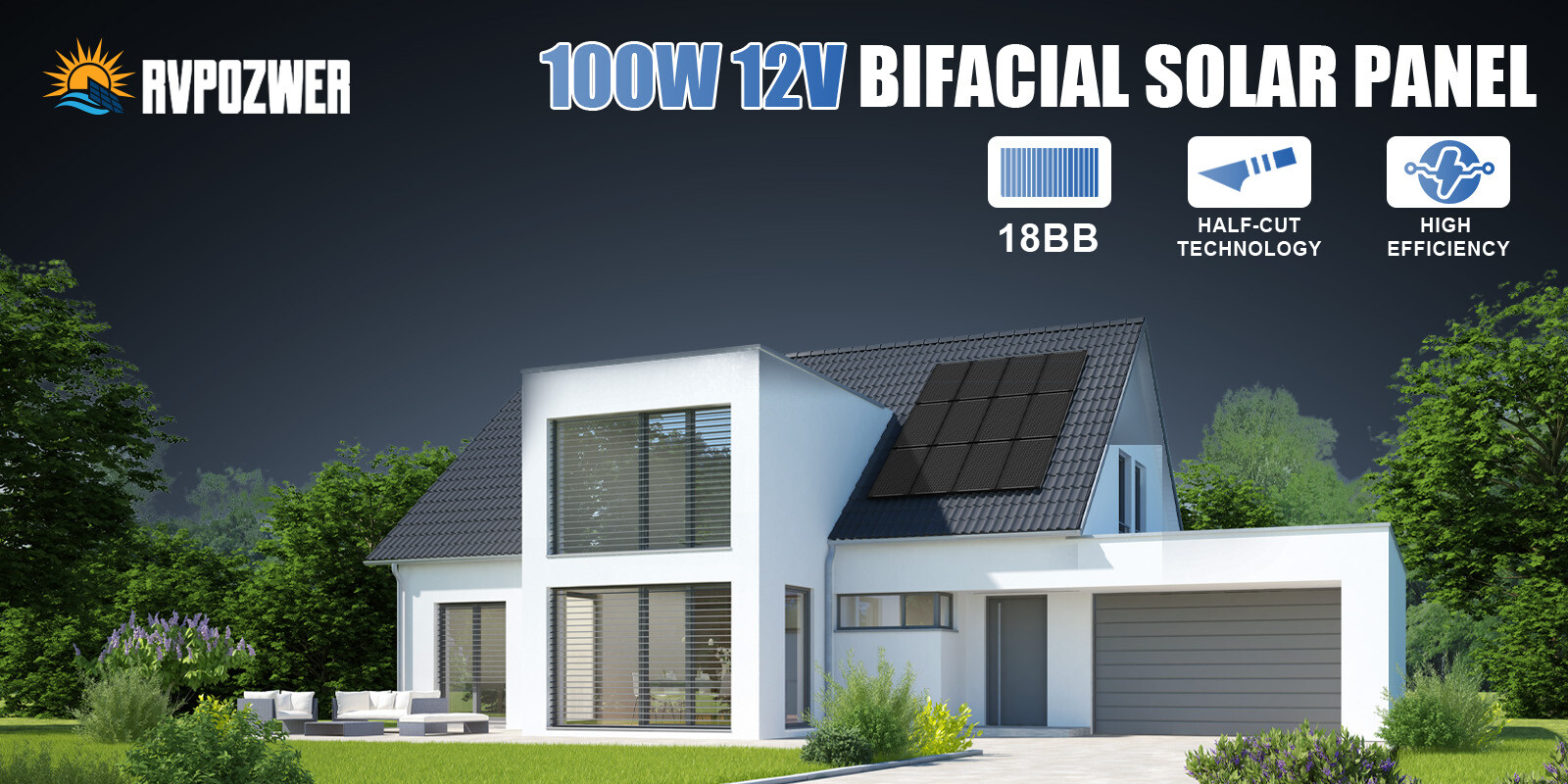 RVPOZWER 100W 200W 300W 400W 500W 1000W Bifacial Solar Panel 12V Mono Home Power