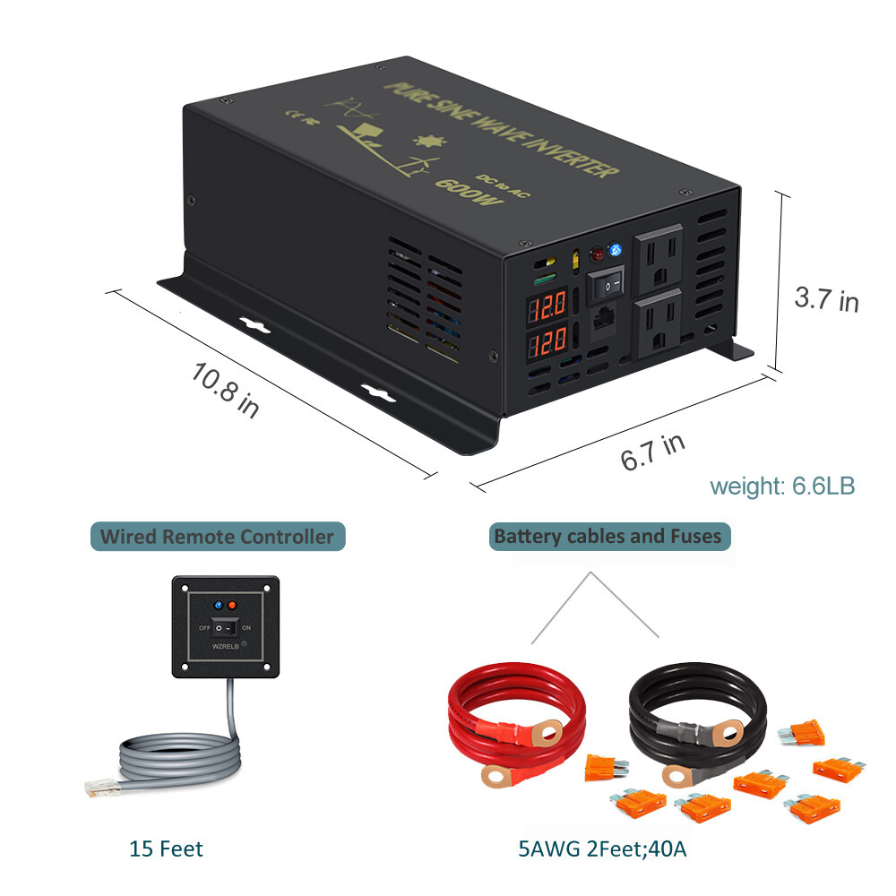 600Watt Pure Sine Wave Inverter 12V to 120V Car Home Truck Motor Camp RV Solar