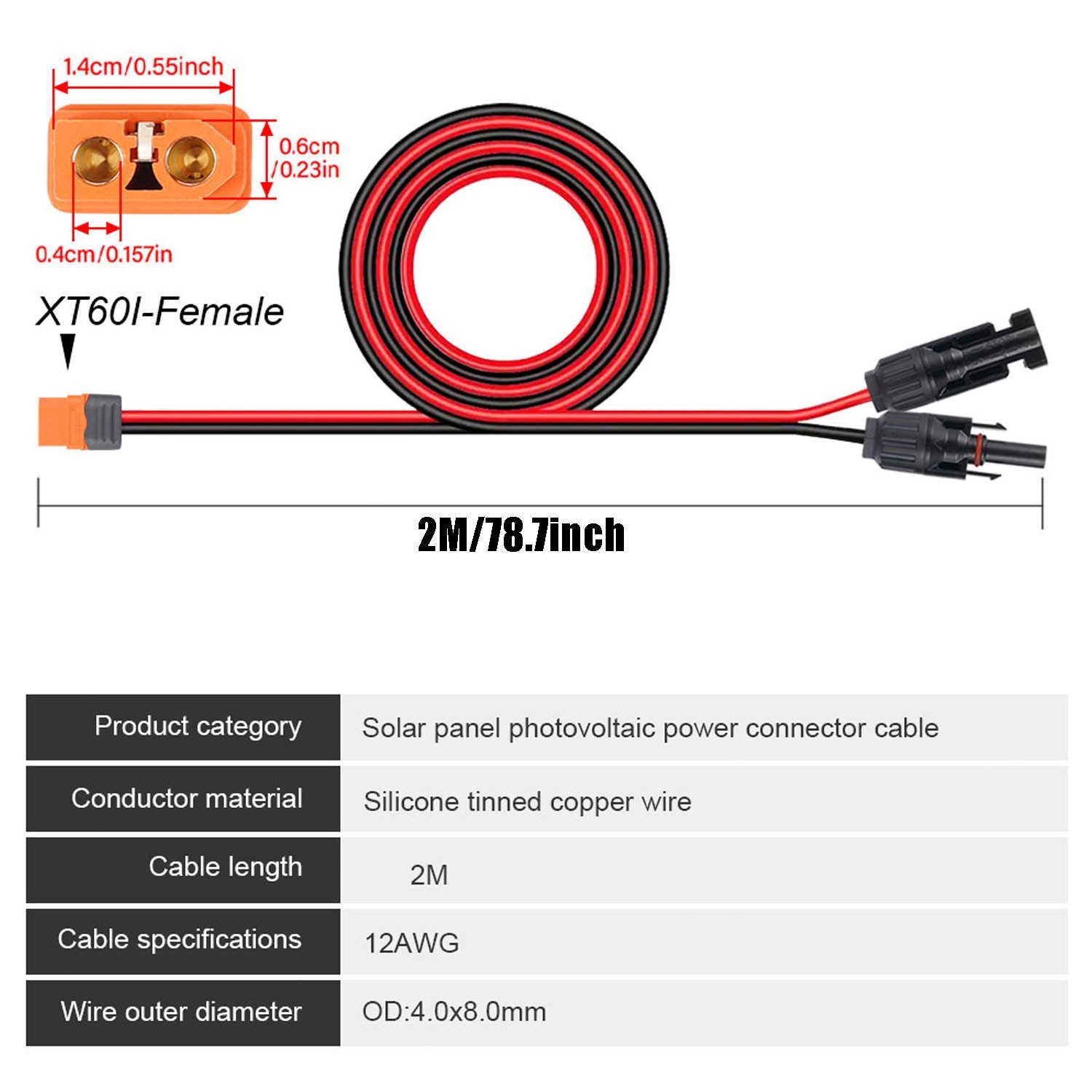 6FT 12 AWG XT60i Female to Solar Connector Solar Panel Extension Charging Cable