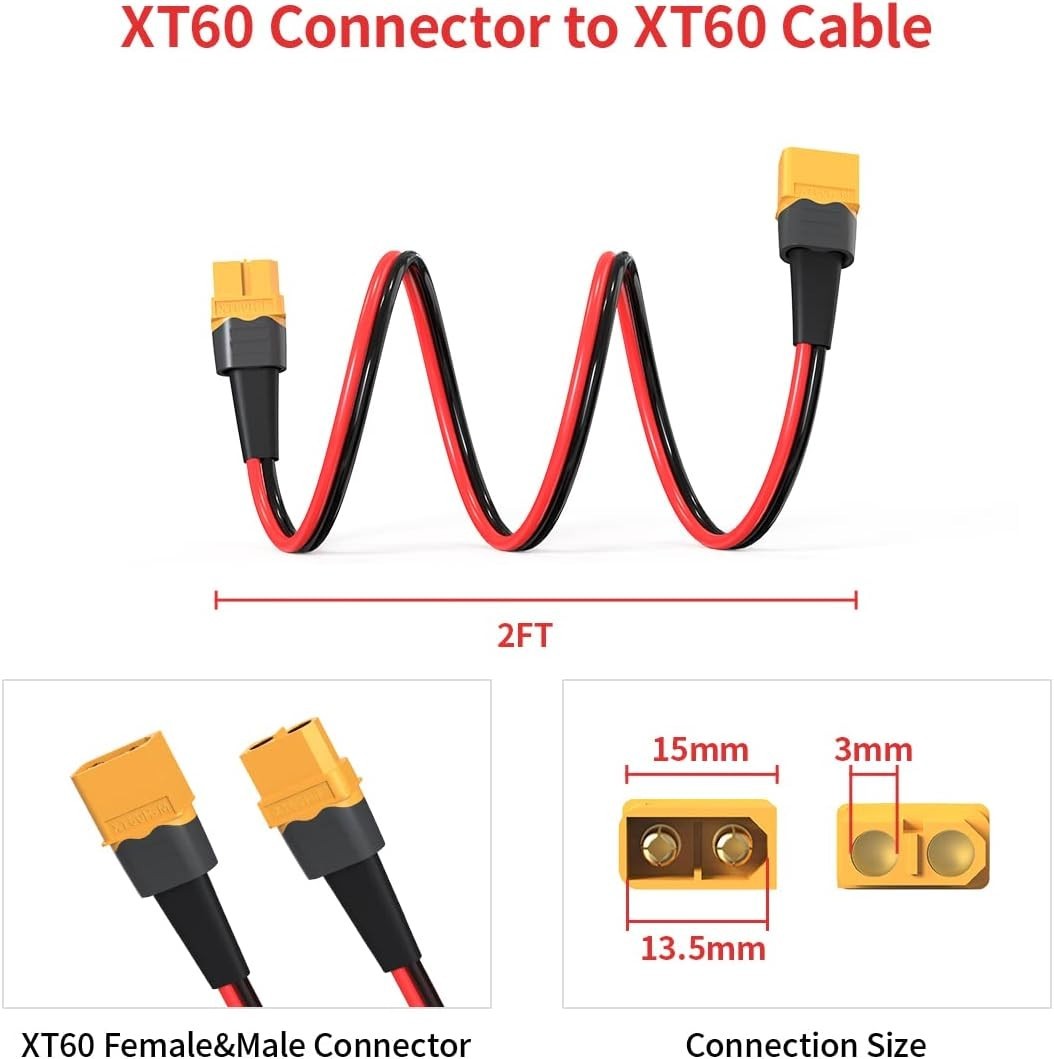 10AWG 2FT XT60 Male to Female Connector for RC & Solar Applications