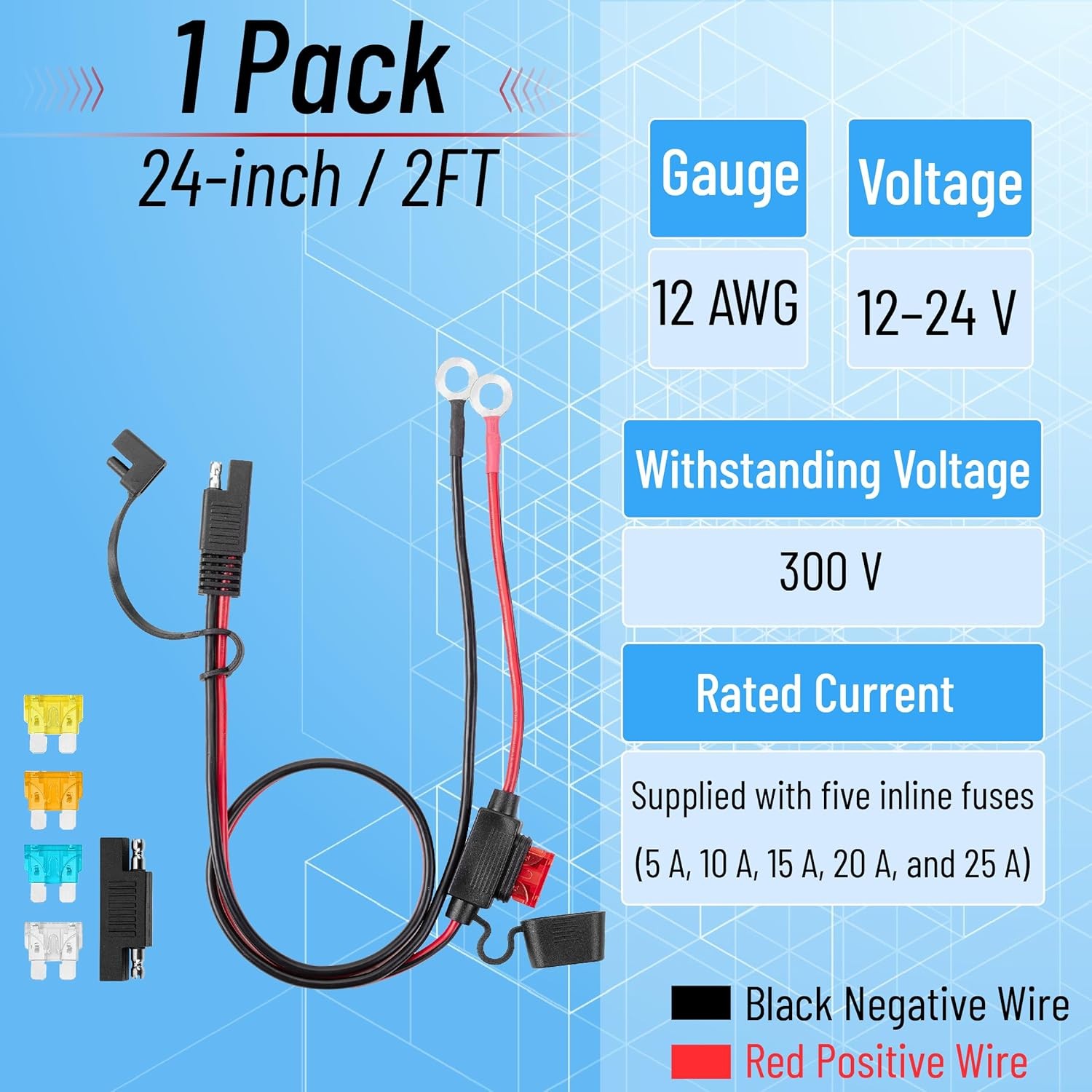 SAE Battery Connector, 2 FT, 12 AWG, SAE to O-Ring Harness with 5A-25A Fuses