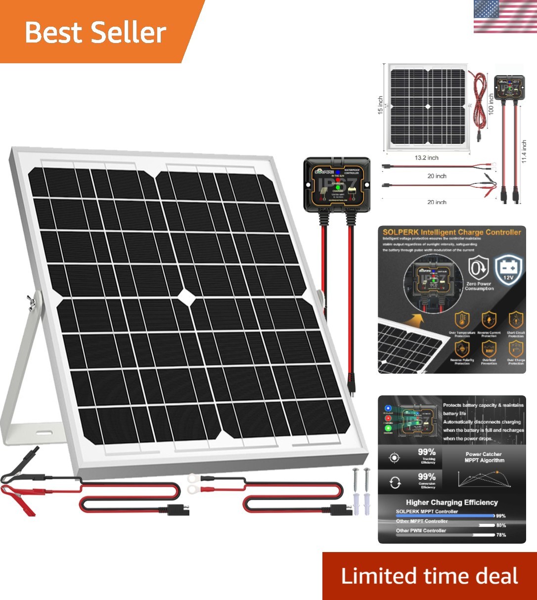 Durable 20W Solar Panel with 8A MPPT Controller – Perfect for Boats & RVs