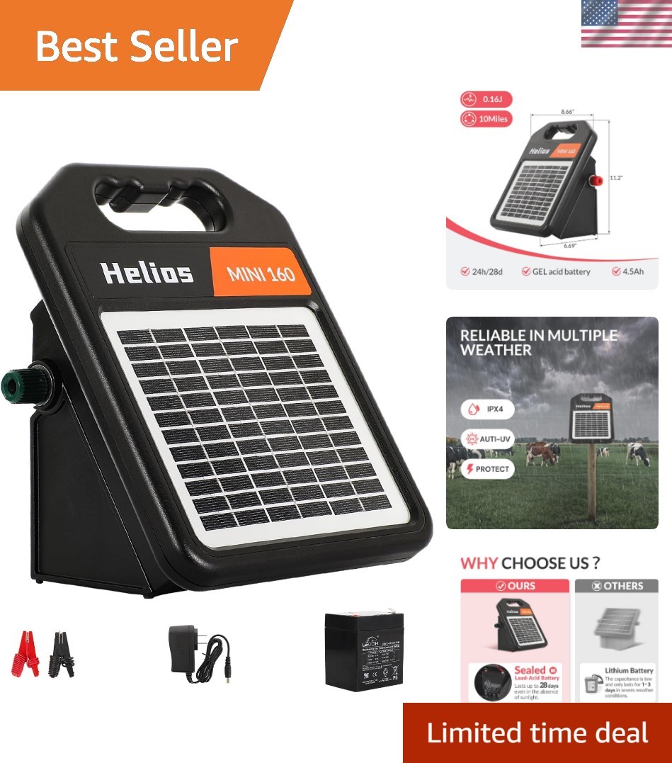10 Miles Solar Electric Fence Charger with Day/Night Mode, 0.16J Portable Sol…