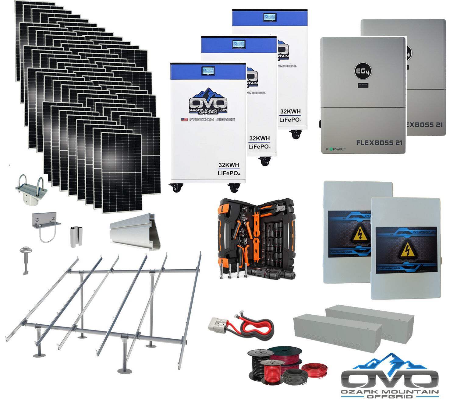 30KW Complete Offgrid Solar Kit + EG4 FlexBOSS21 + 3x 32KW OMO 48V Freedom Serie