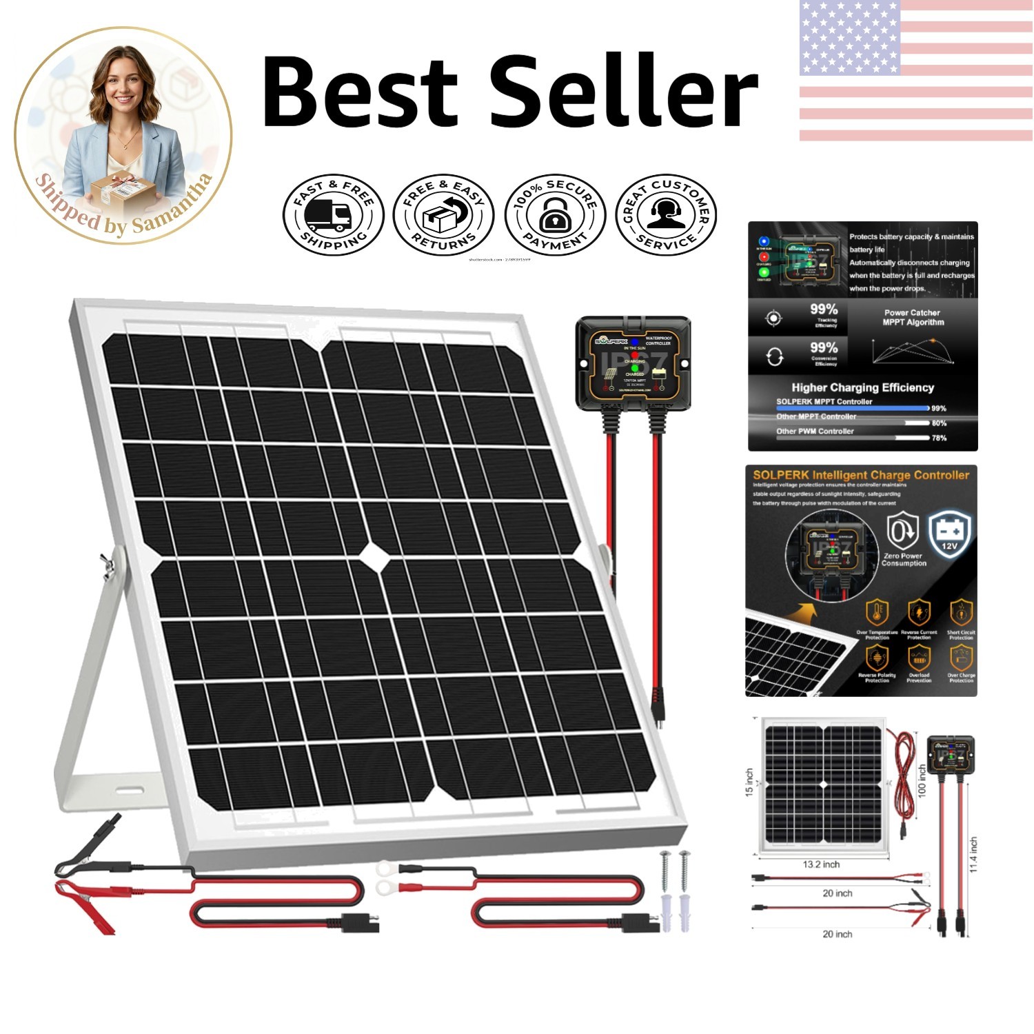 Smart MPPT Controlled 20W Solar Powered Battery Charger – Waterproof & Durable