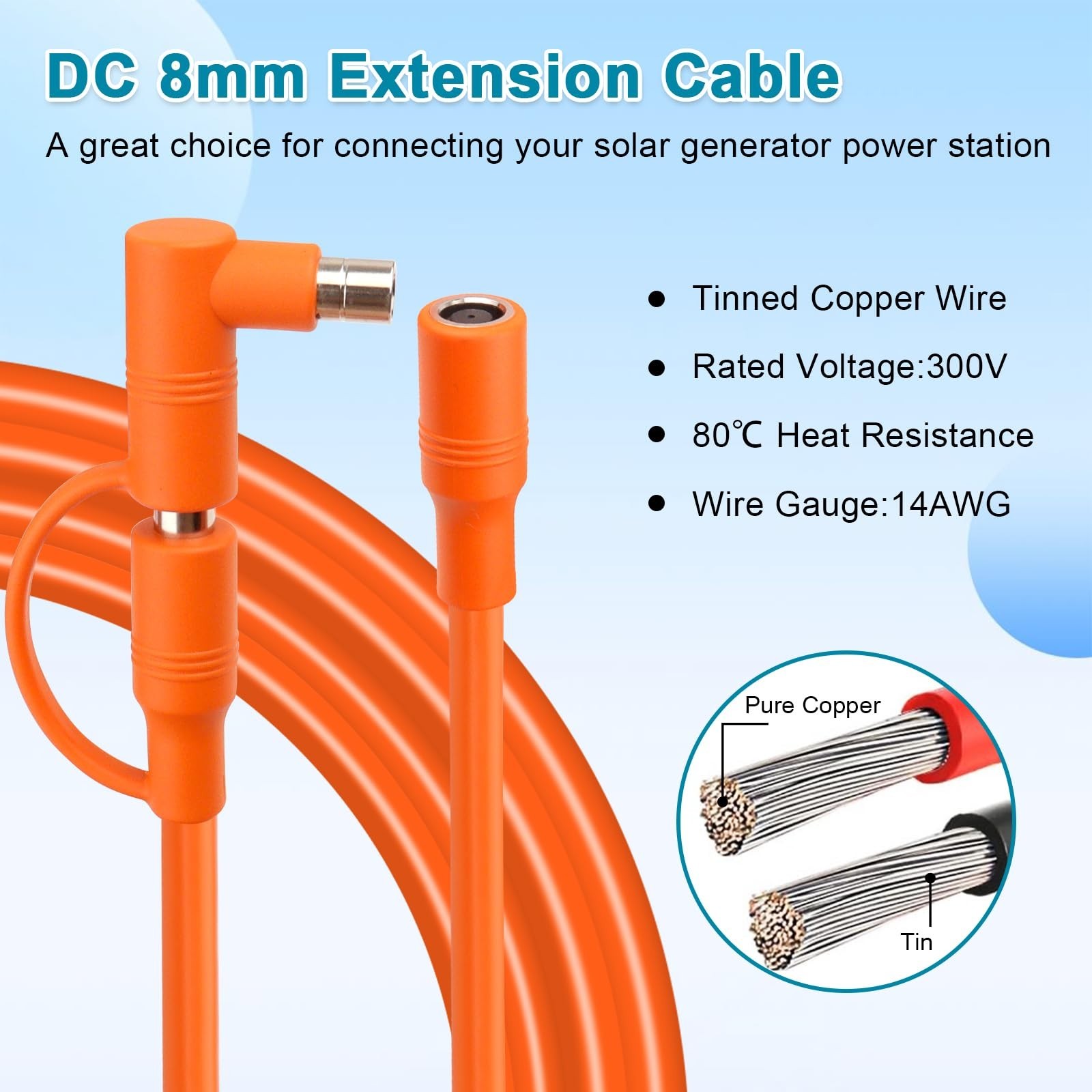 10FT 14AWG DC Extension Cable, 8mm Power Cord for Solar Generators & Panels