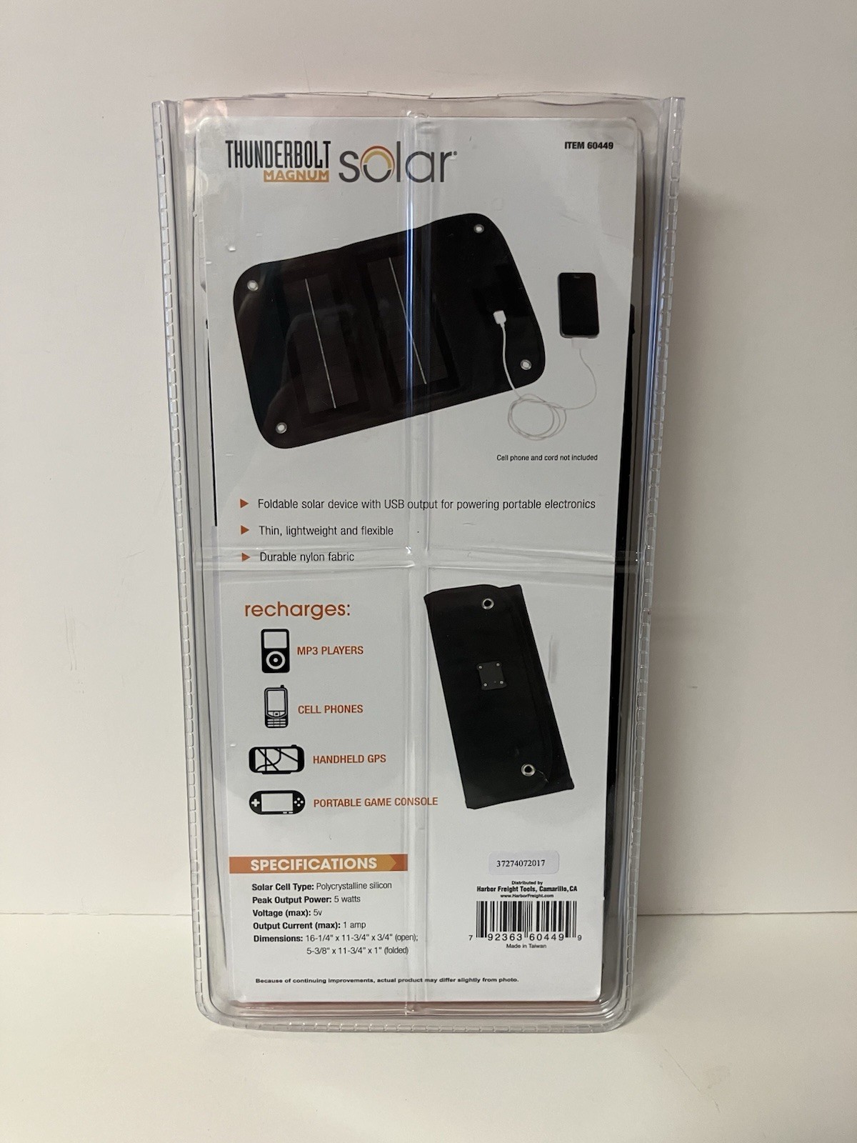 Thunderbolt Magnum Solar 5 Watt Foldable Solar Panel Charger #60449