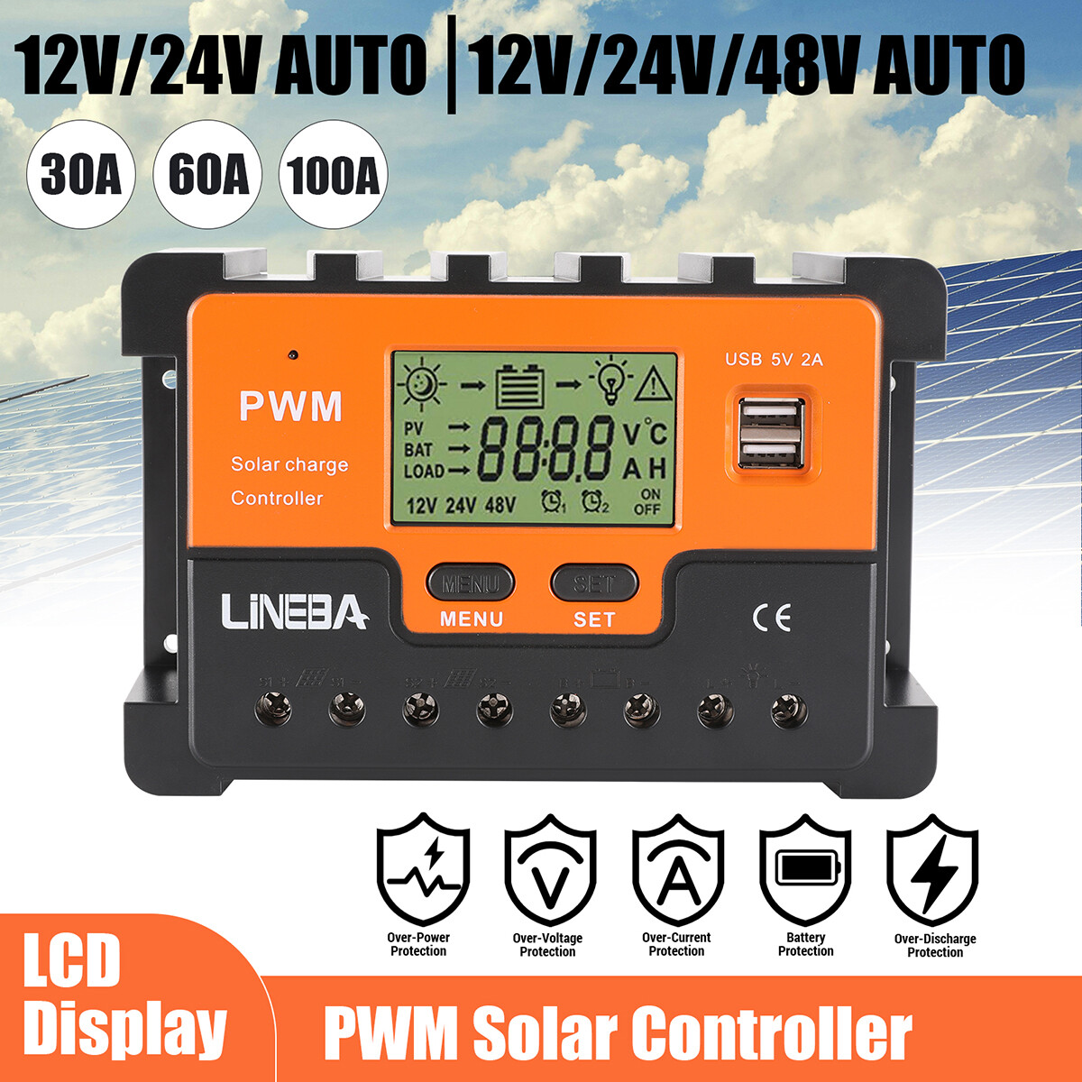 12/24V 30/60/100A MPPT Solar Charge Controller Panel Battery Regulator Dual USB
