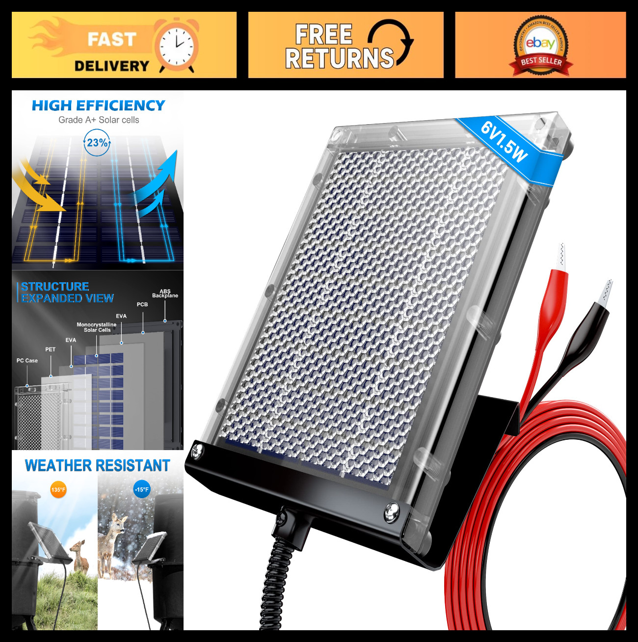 6V 1.5W Solar Panel for Deer Feeder Battery Recharge – Waterproof Outdoor Charge