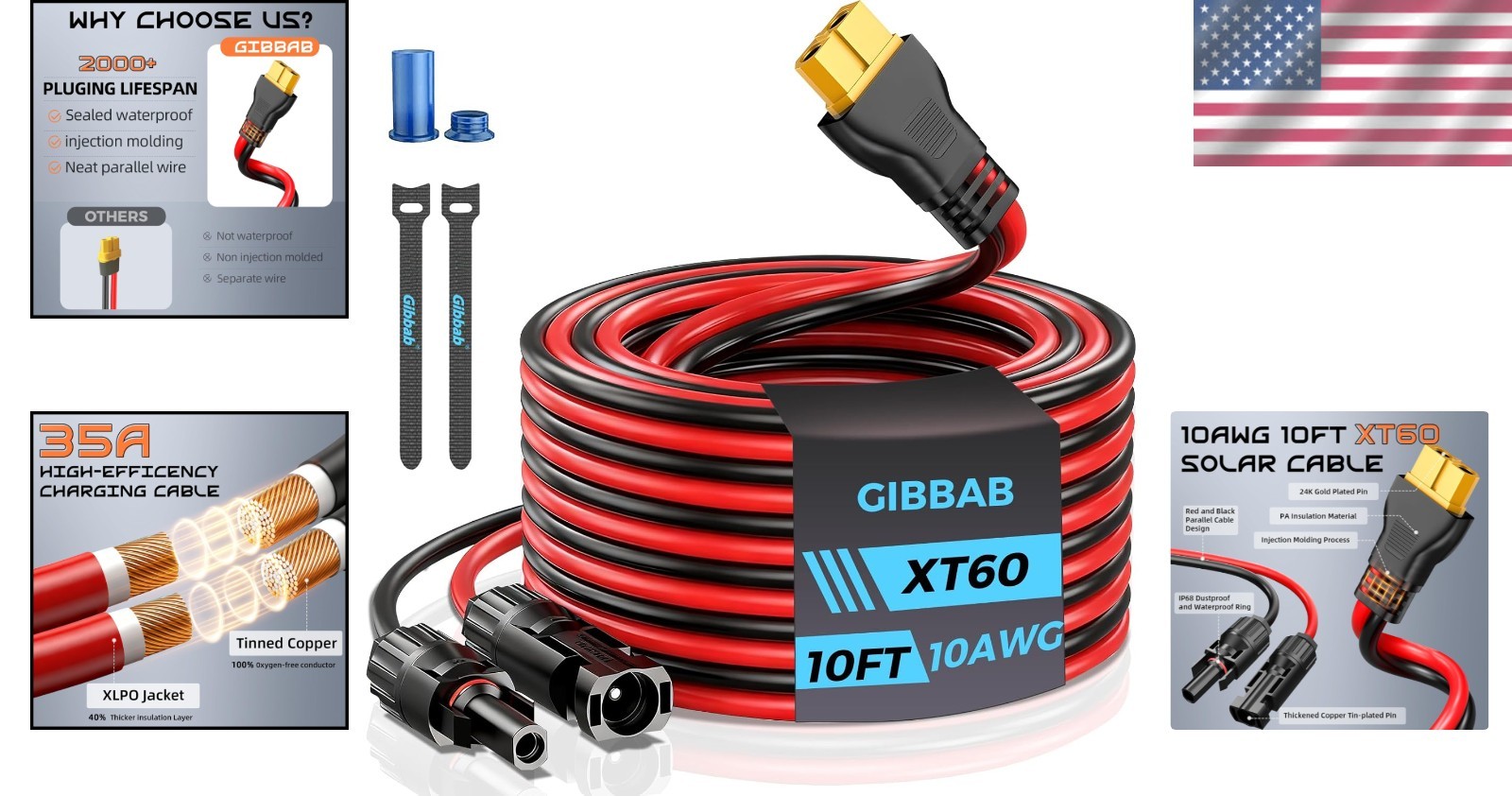 10AWG 10FT Solar to XT60i Cable, Gibbab 3 10 25FT Solar Panel Connector to XT60i