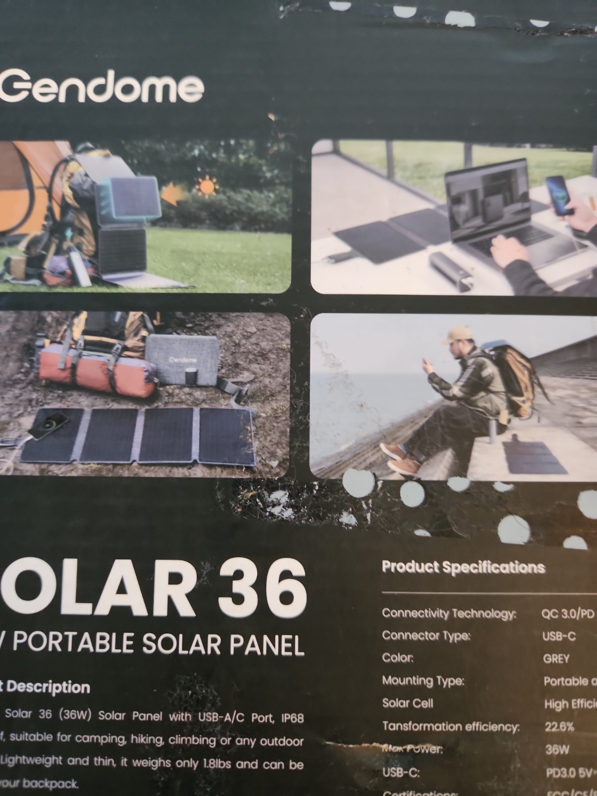Gendome Solar 36 Portable Solar Panel 36W 1.8LB Waterproof Grey USB-C NEw