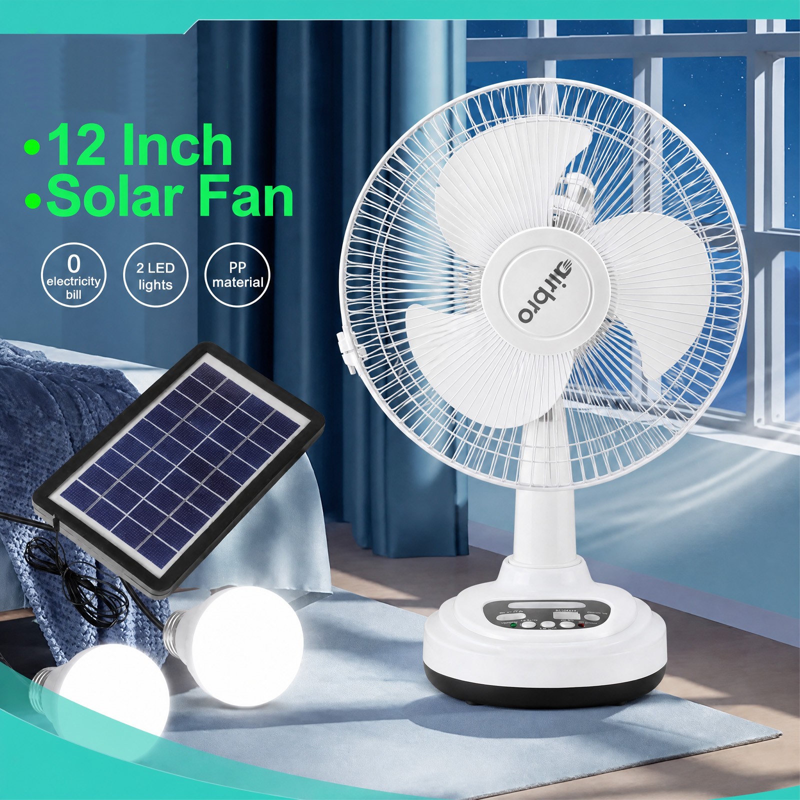Table Fan 2-Speed 12-Inch Rechargeable Solar Powered w/ Safety Grill & 2pcs Blub