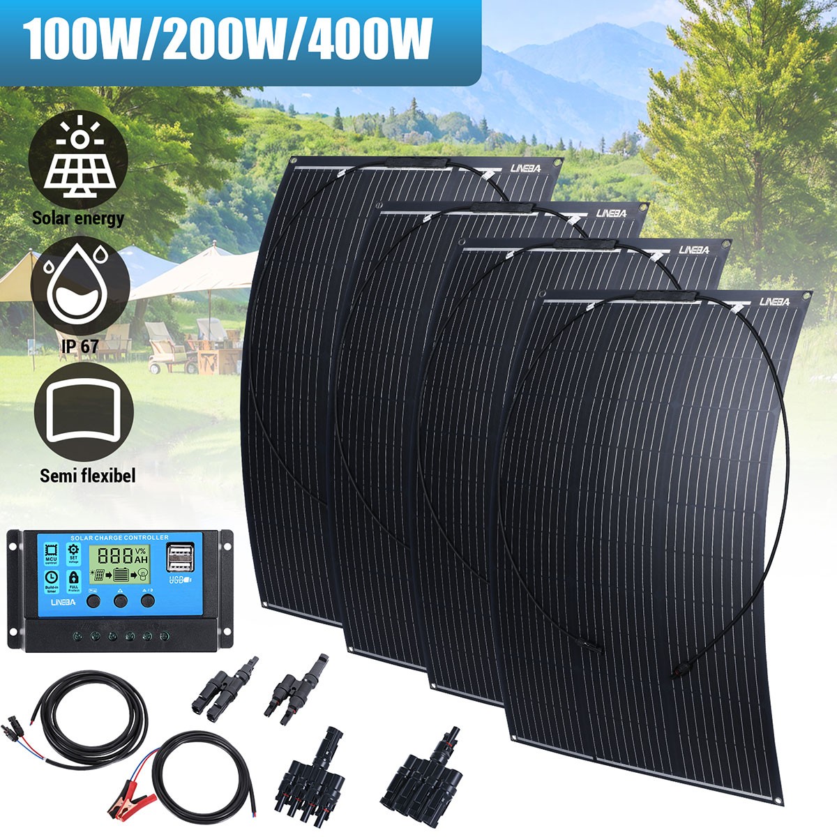 Upgraded Flexible 400W Watt Mono Solar Panel 18V Battery Charger with Controller