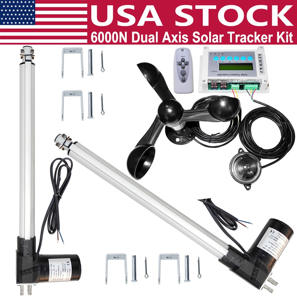 6000N 2X18″ Linear Actuator W/ Anemometer Controller DIY Dual Axis Solar Tracker