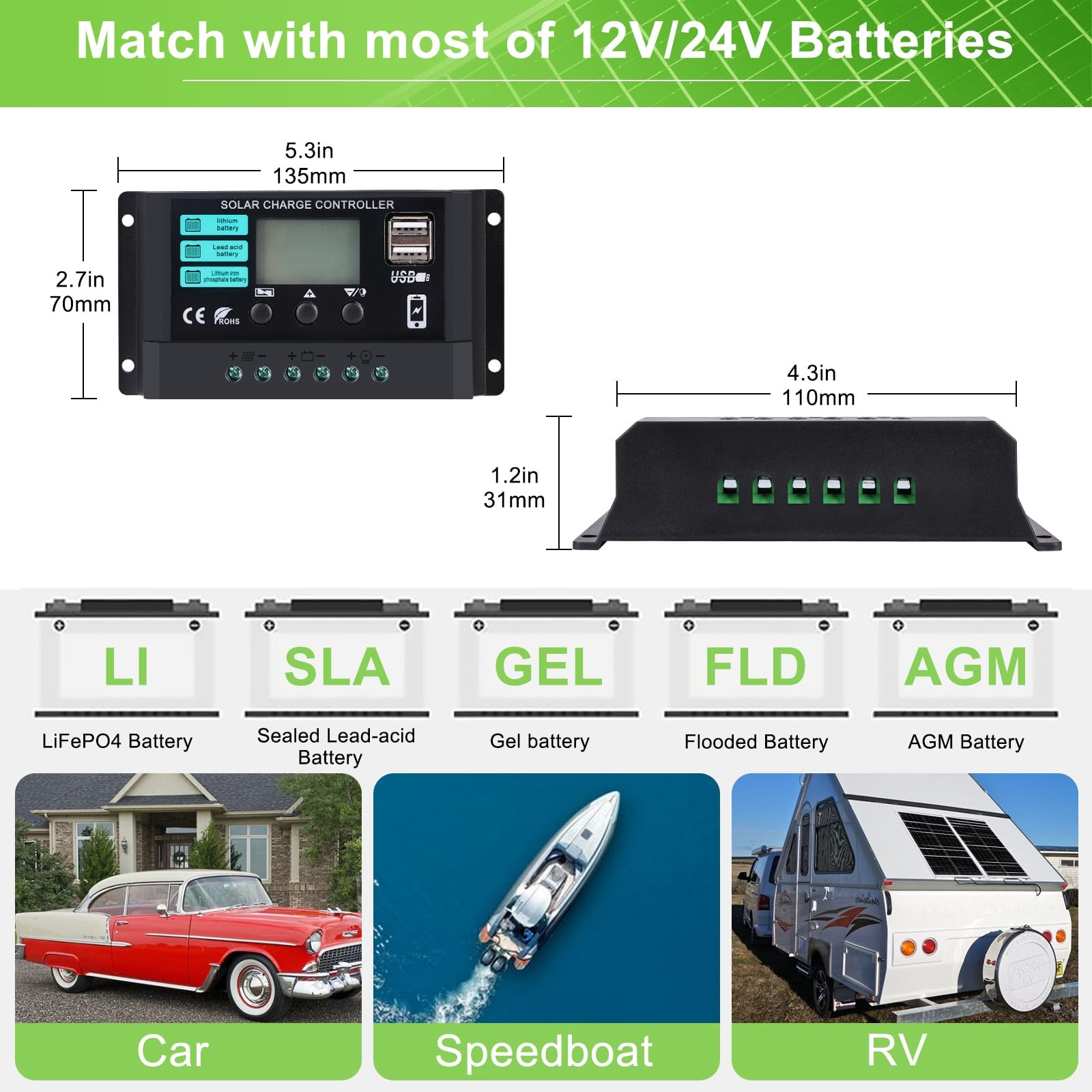 Solar Panel Kit 25W 12V Monocrystalline Battery Maintainer with10A 25W, Black