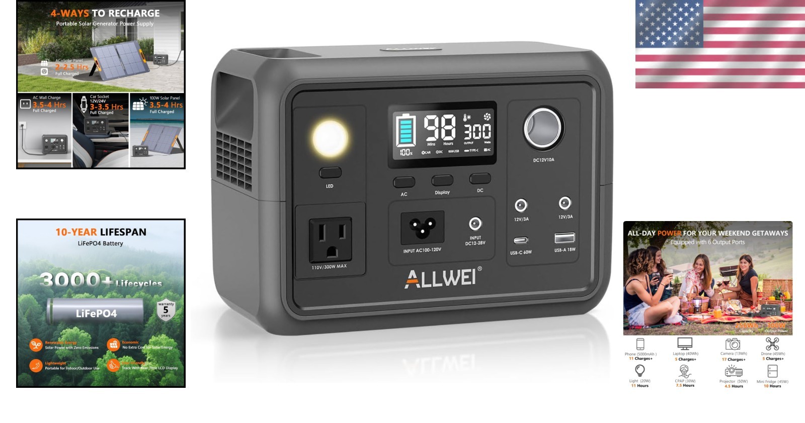 300W/600W Peak Portable Power Station with 6 Outputs – Ideal for Camping & Em…