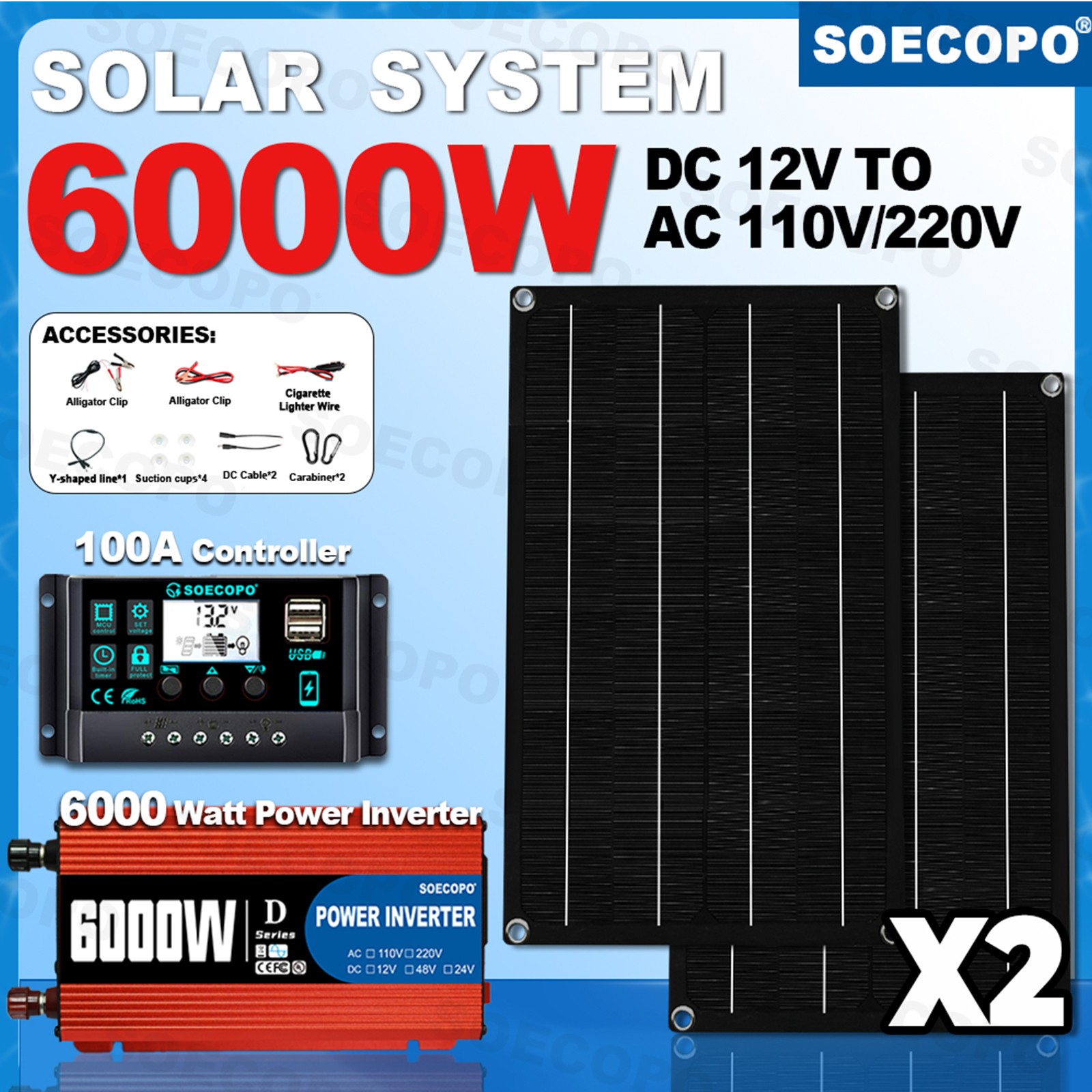 6000W DC to AC Solar Inverter Kit | Includes 2pc Solar Panels &Charge Controller