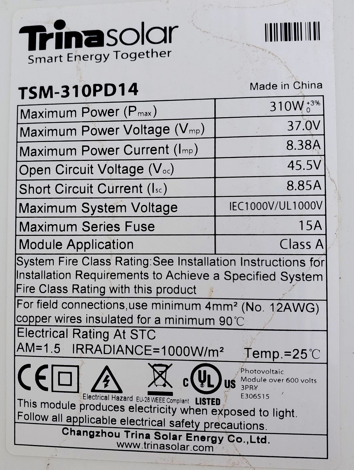 TRINASOLAR 310 WATTS SOLAR PANELS GRADE A PROFESSIONAL GRADE TSM-310PD14