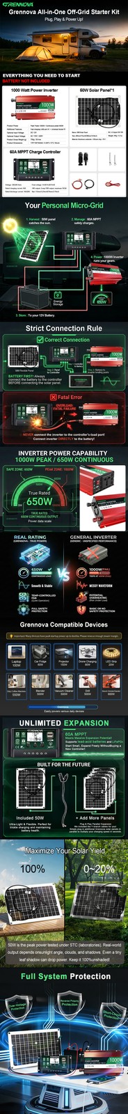 Grennova 1000W Solar Kit Real 12V To 110V/220V Power Inverter 60A MPPT Controlle