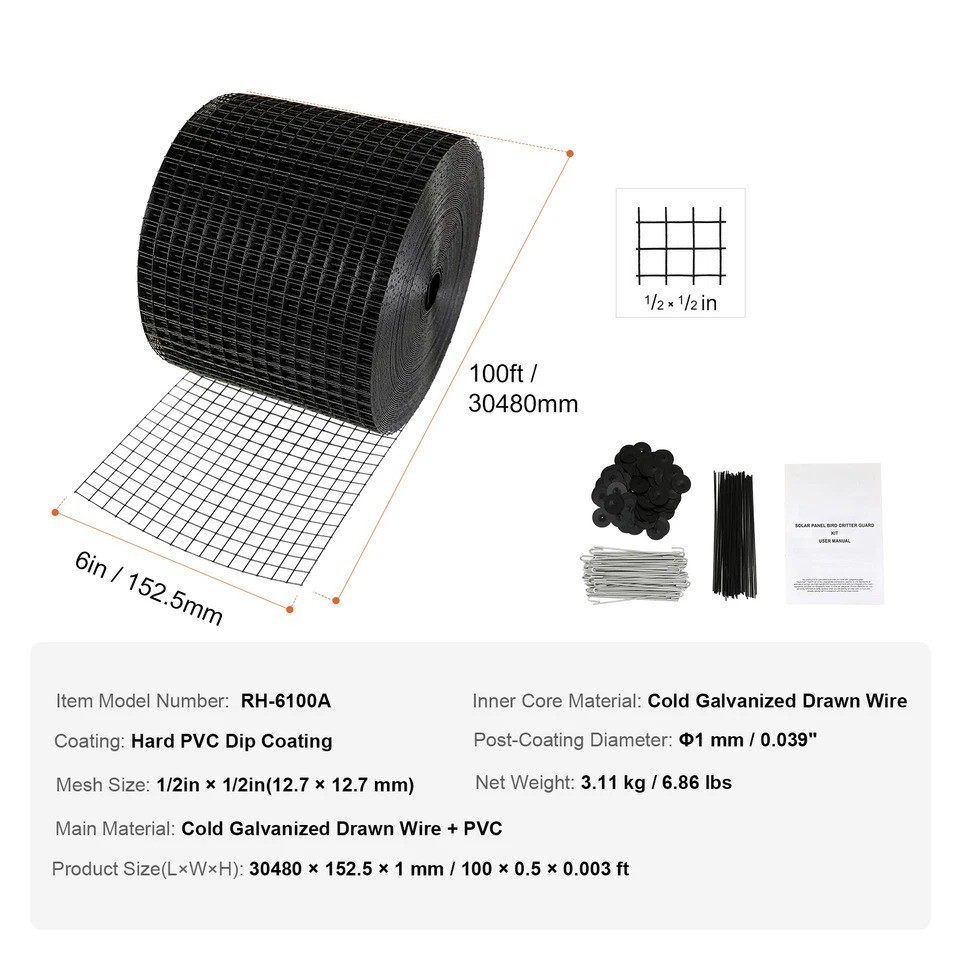 6 in x 100ft Solar Panel Bird Guard Critter Guard Roll Kit 60pcs Fasteners
