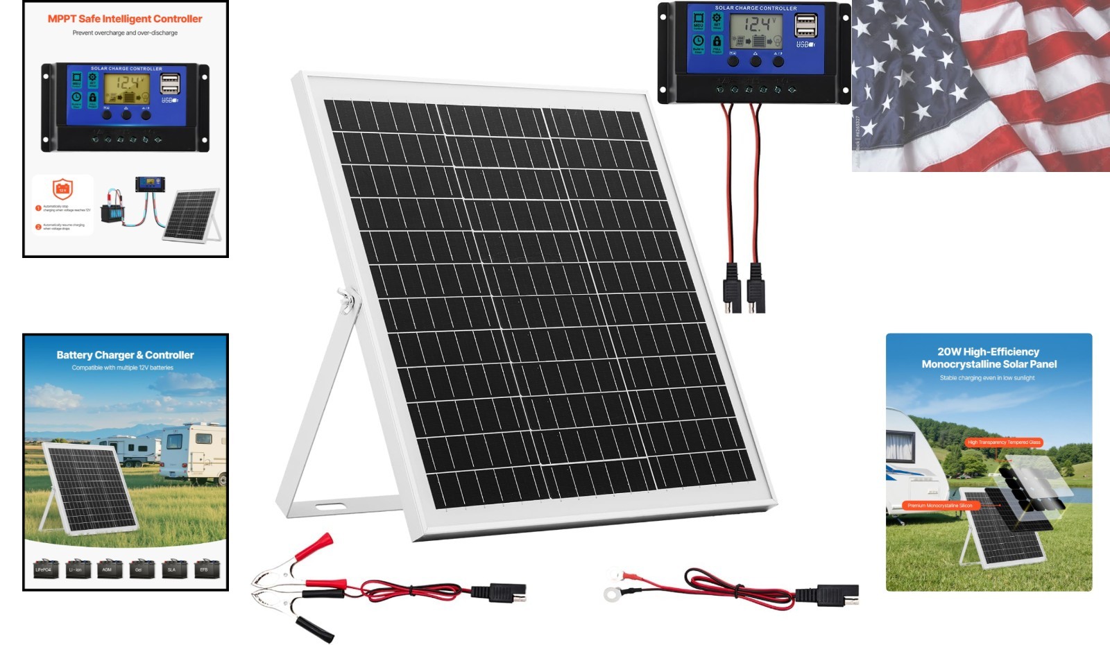 20W 12V Solar Panel Battery Charger, Solar Battery Trickle Charger Maintainer…