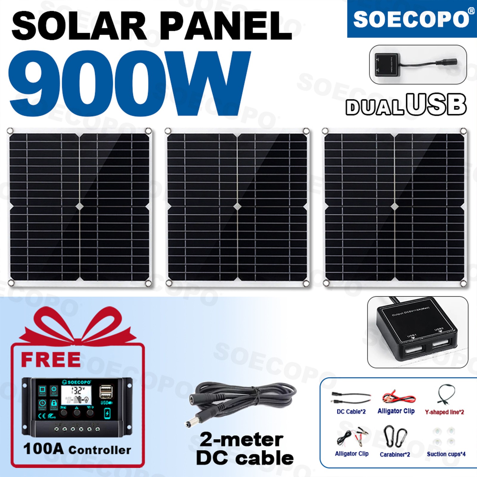 900W Solar Charging Kit with Y-Cable + 2 x 300W Panels + 2M Emergency Power7a