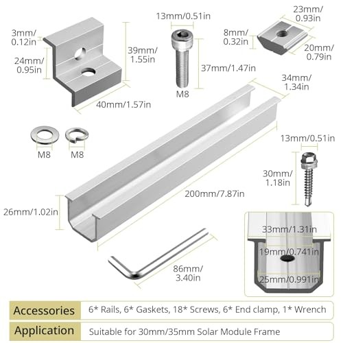Solar Panel Bracket Kit, 6 Pcs 7.87 in Aluminium Solar Panel Mounting Silver