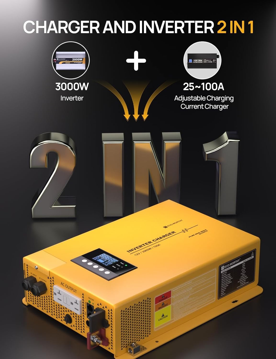 ECO-WORTHY 3000W 12V Pure Sine Wave Inverter Charger,12V DC to 120V AC Converter