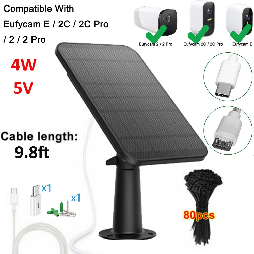 4W Solar Panels for Eufy Eufycam Cam E/2C/2/2 Pro Wall Mount 9.8ft Power Cable