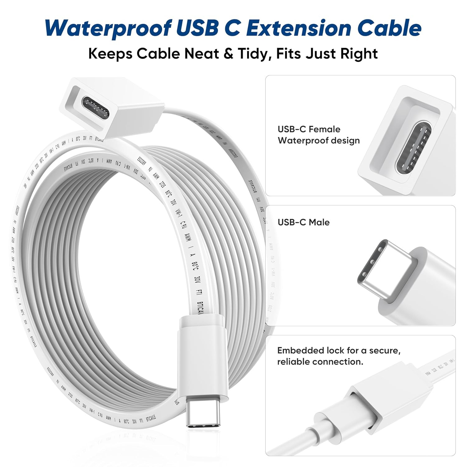 USB C Extension Cable 10Ft for Ring Solar Panel & Camera, 45W Charging Waterproo
