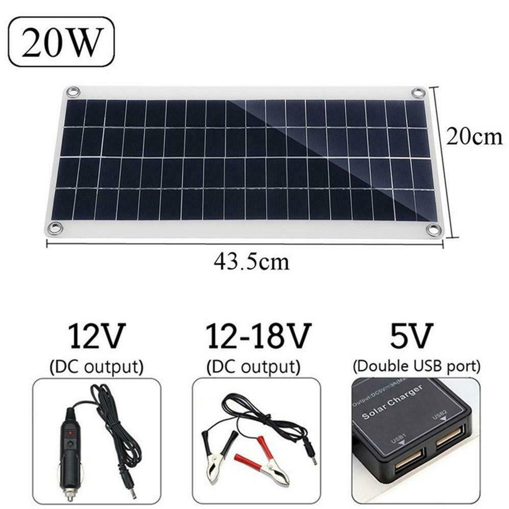 20W Solar Panel 12V Solar Cell Phone RV Car MP3 Charger Outdoor Battery Camping