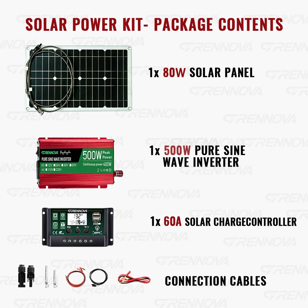 Grennova 500W Pure Sine Solar Kit 80W 60A MPPT 12V 110/220V Inverter Home Backup