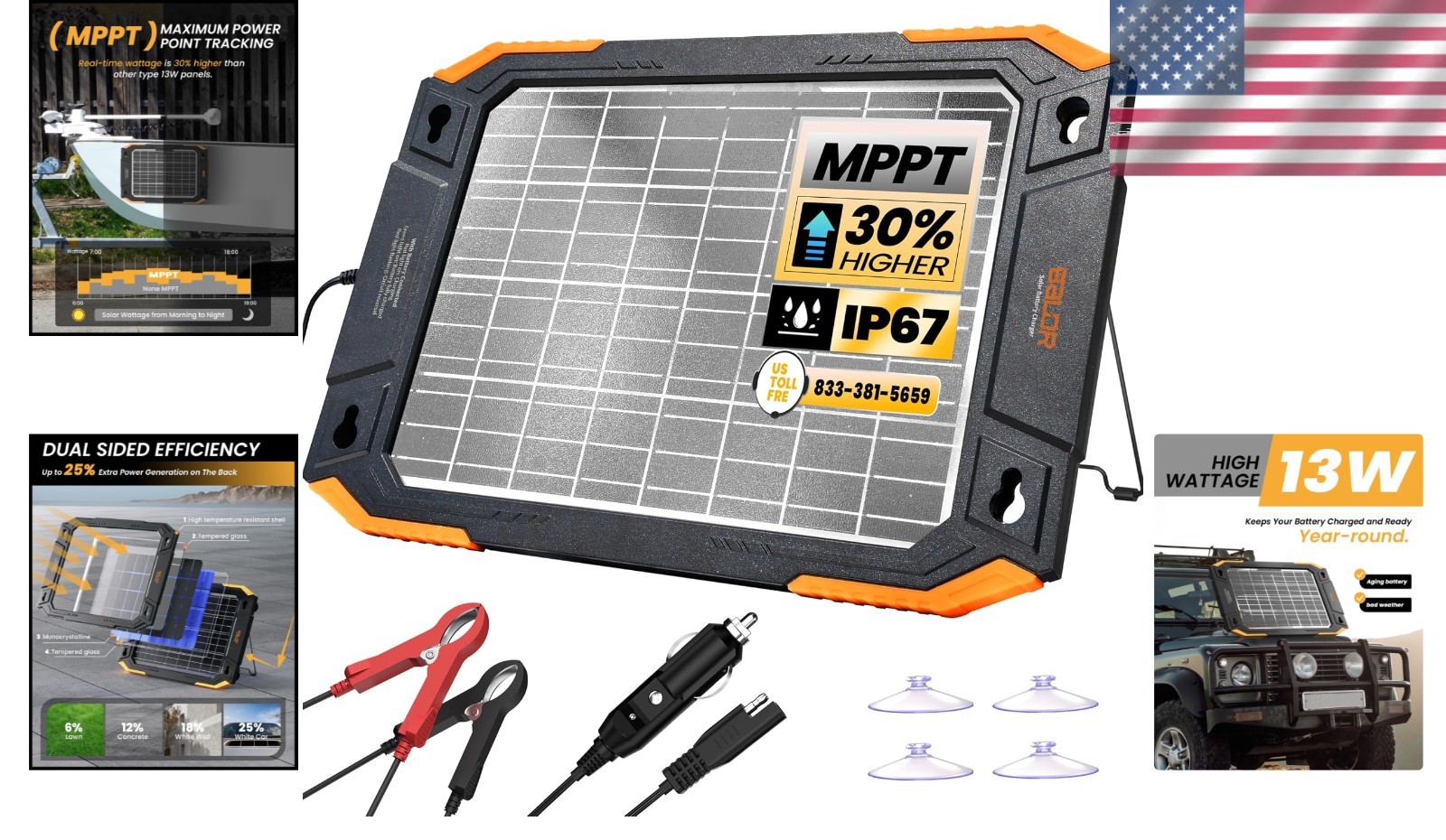 All-Weather 12V Solar Battery Charger with Versatile Installation Options