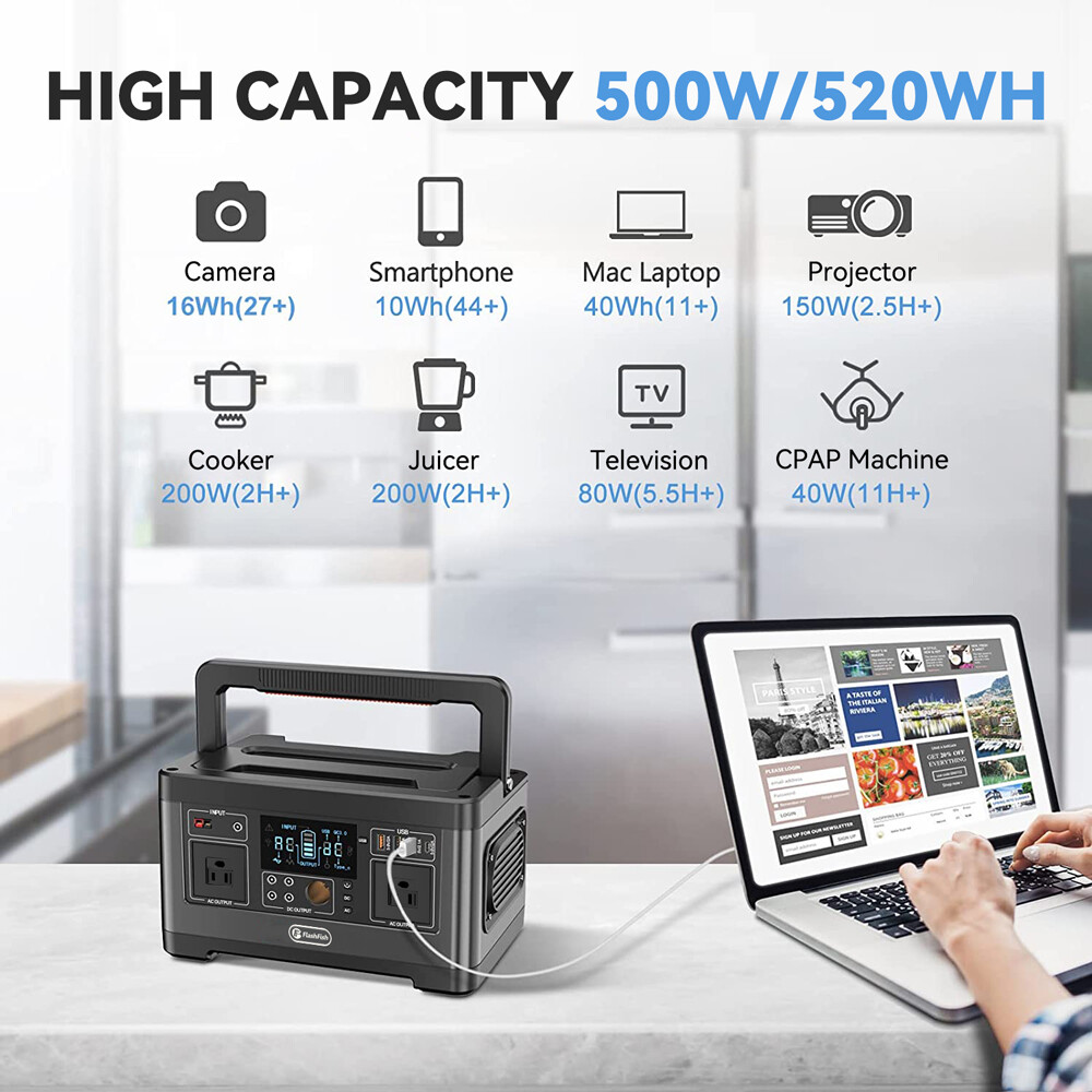 Flashfish P63 Portable Power Station 520Wh 500W With 100W Foldable Solar Panel