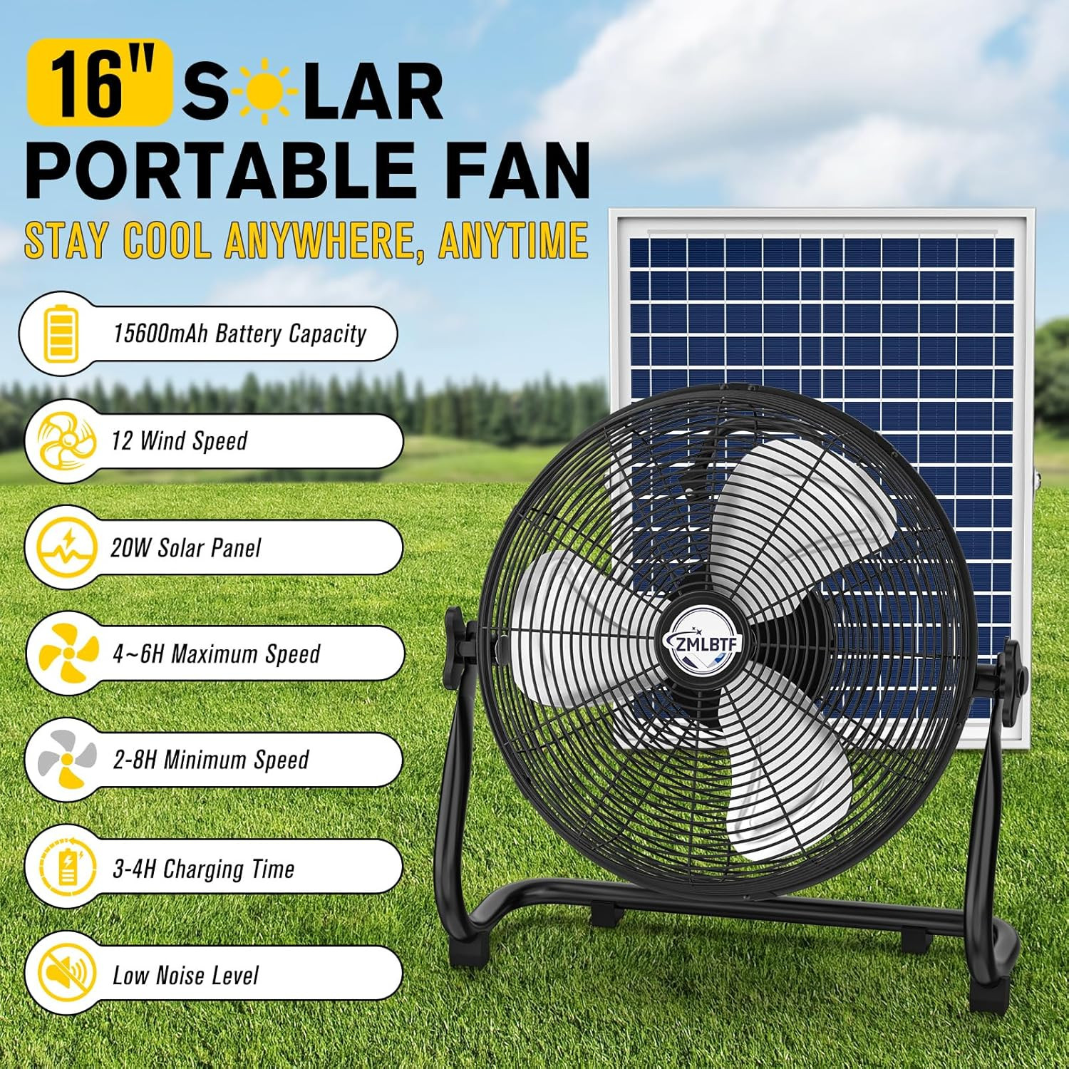 16″ Solar Powered Fan with 20W Solar Panel & Rechargeable Battery, Portable, Qui